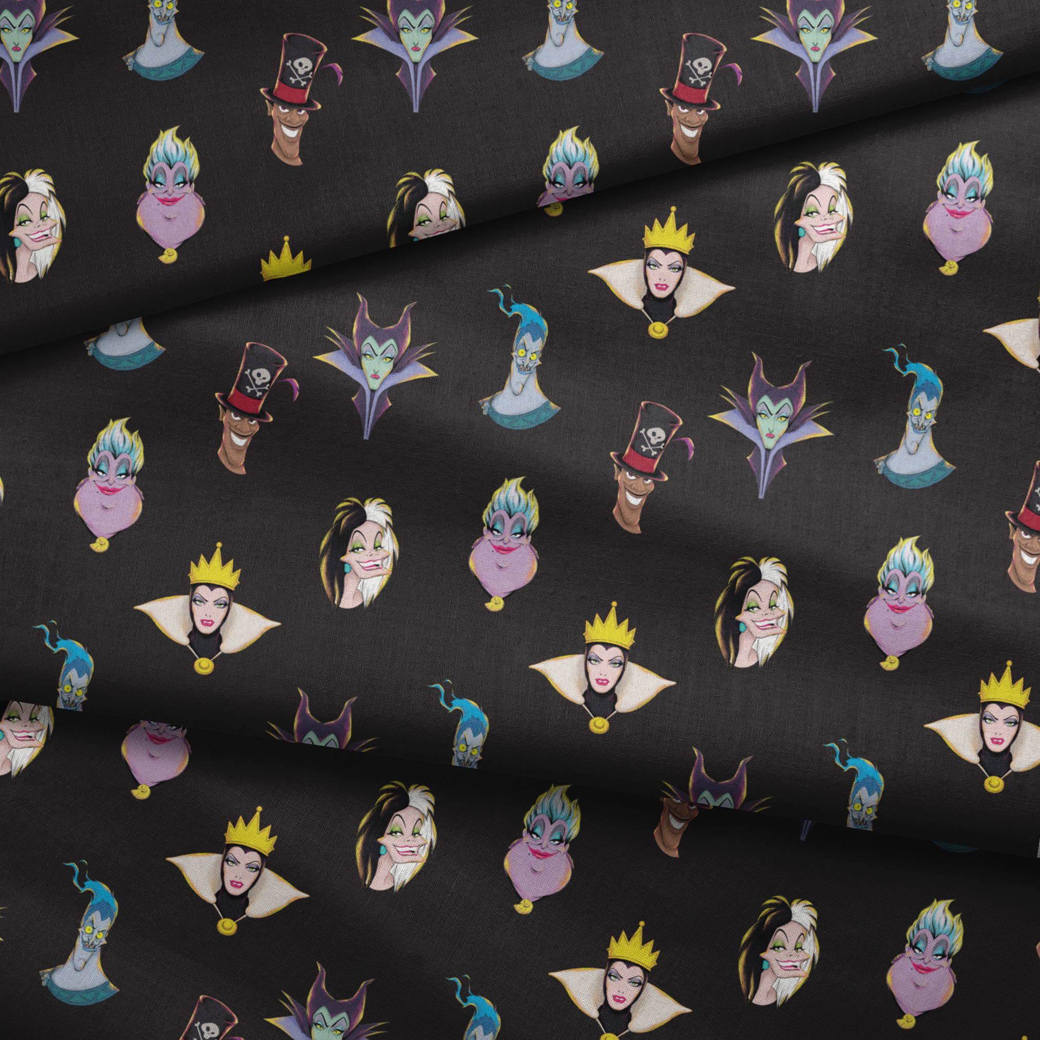 Illustrated Disney villain heads on black background including sea witch, evil queen, and others fabric fold mockup
