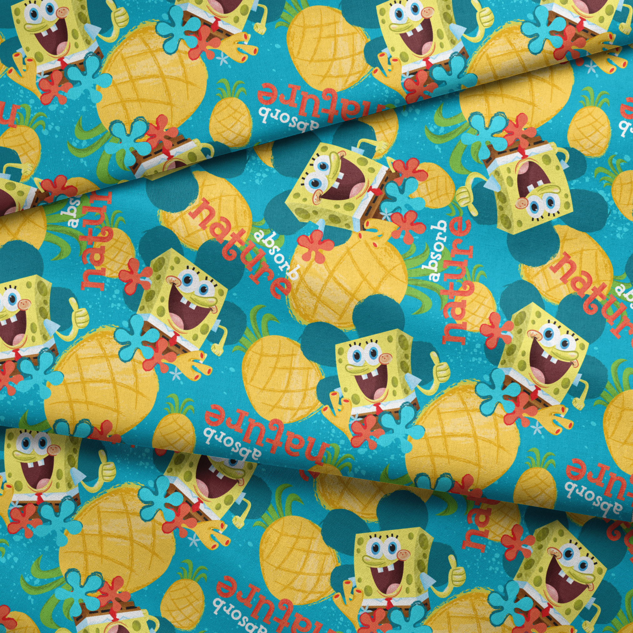 SpongeBob SquarePants pattern with pineapples and flowers on teal background fabric fold mockup
