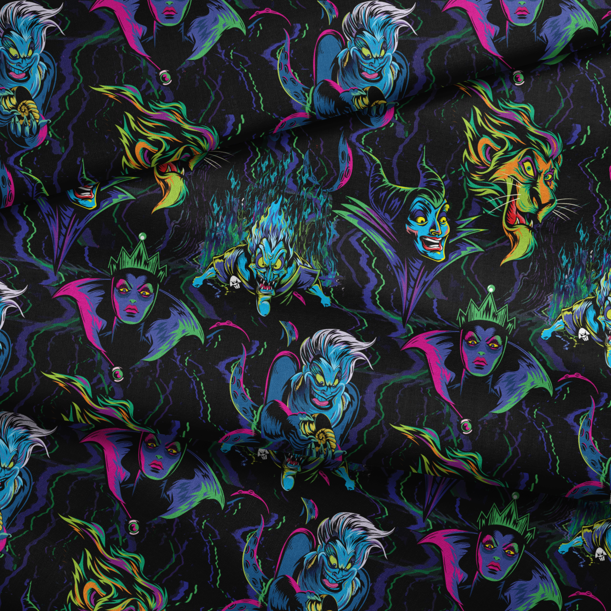 Colorful Disney villains in neon colors against black background fabric fold mockup