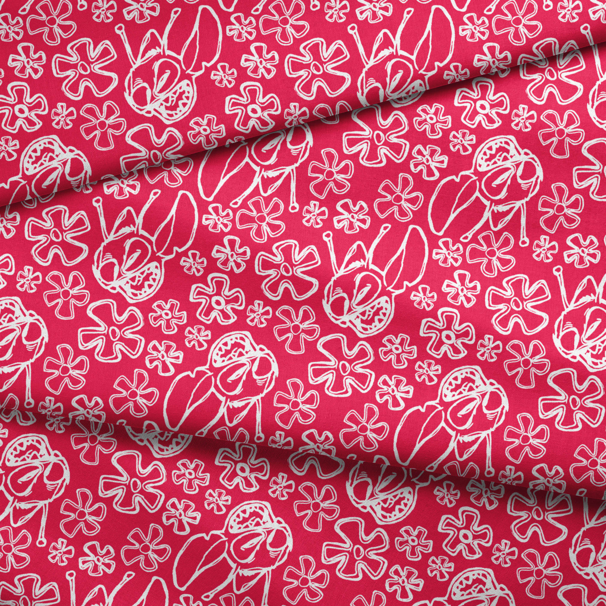 White flower doodles and Disney's Stitch on bright red background, hand-drawn style pattern fabric fold mockup