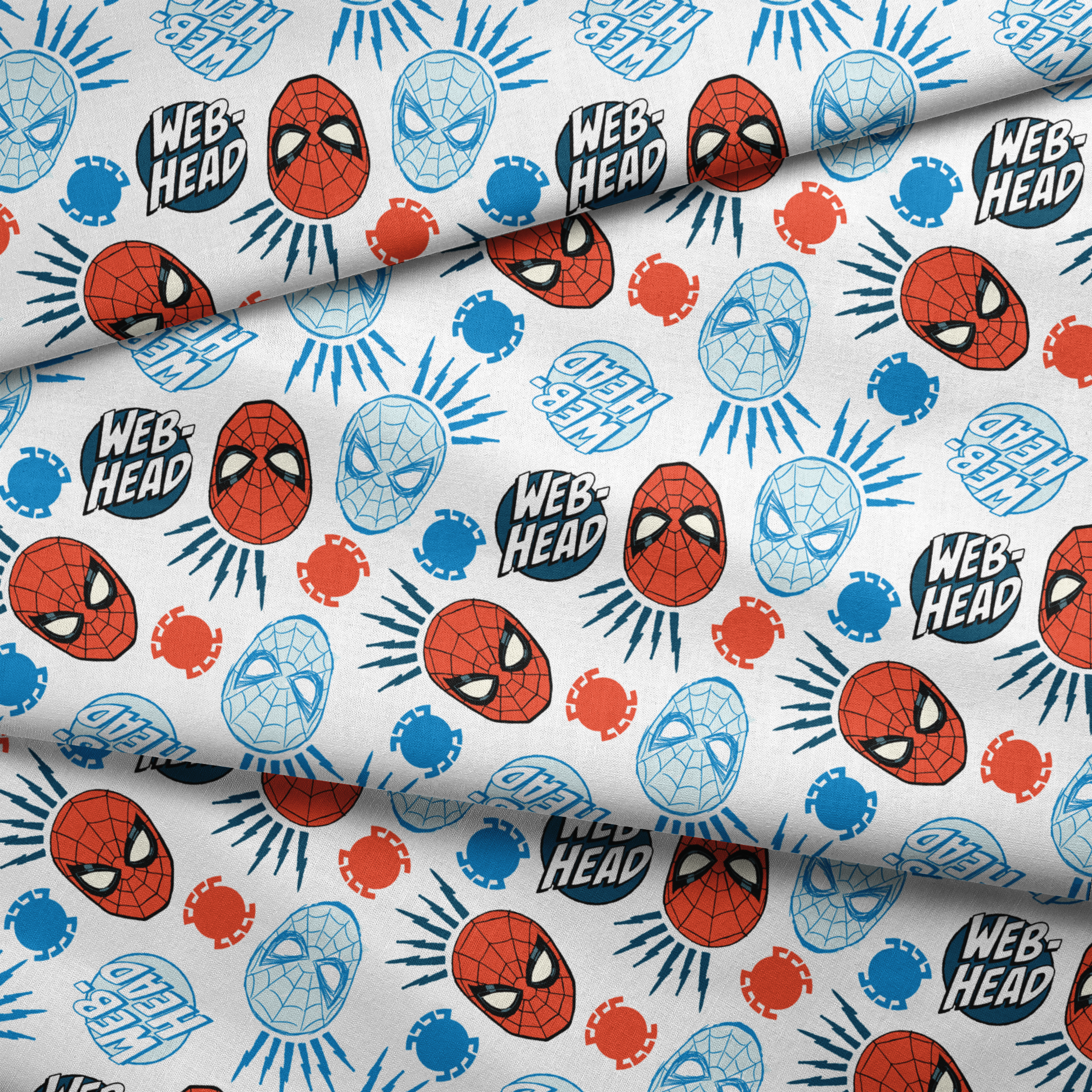 Spider-Man masks pattern with blue and red heads, "WEB HEAD" text, and radiating lines on white background. fabric fold mockup