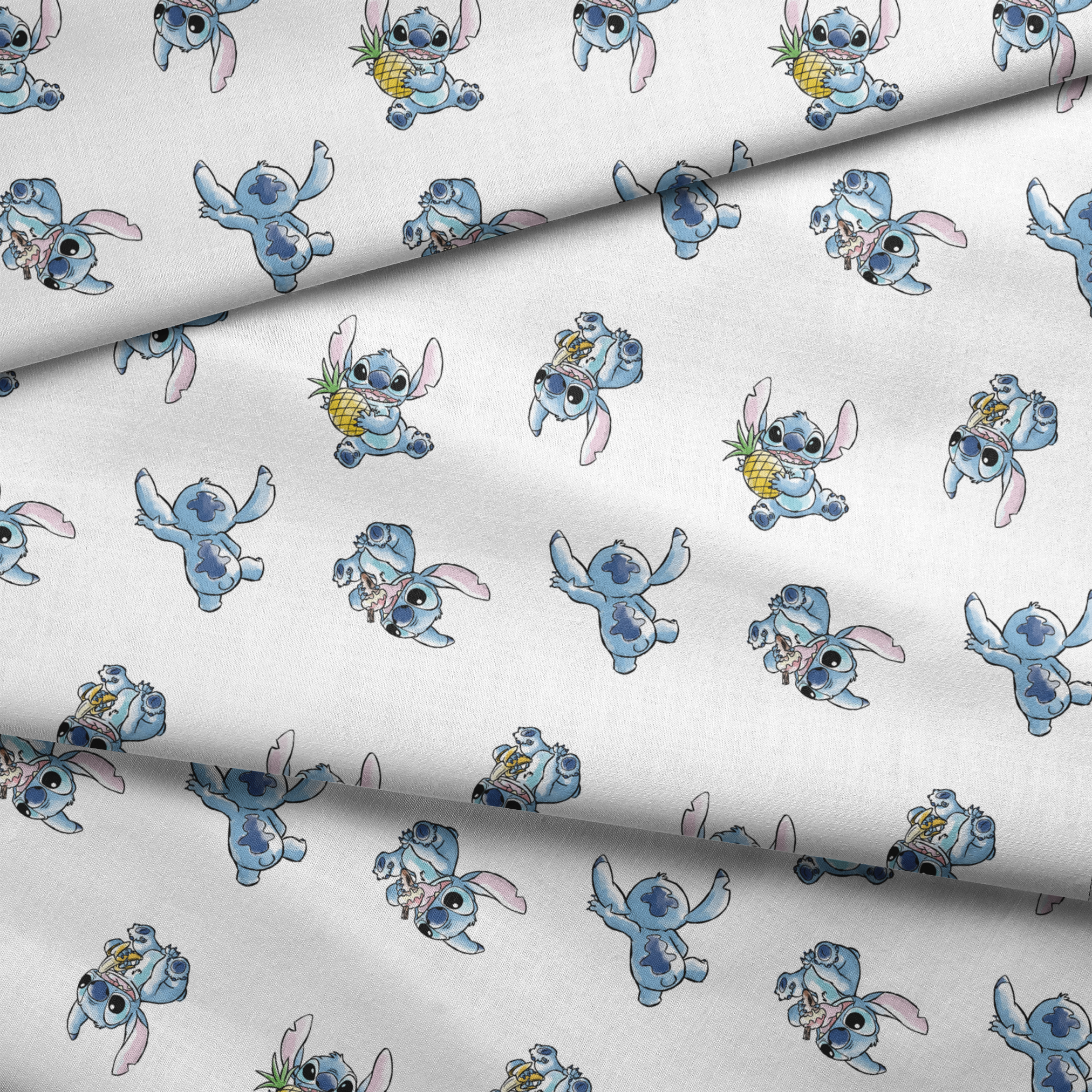 Disney's Stitch in various playful poses, some holding pineapples, on white background fabric fold mockup