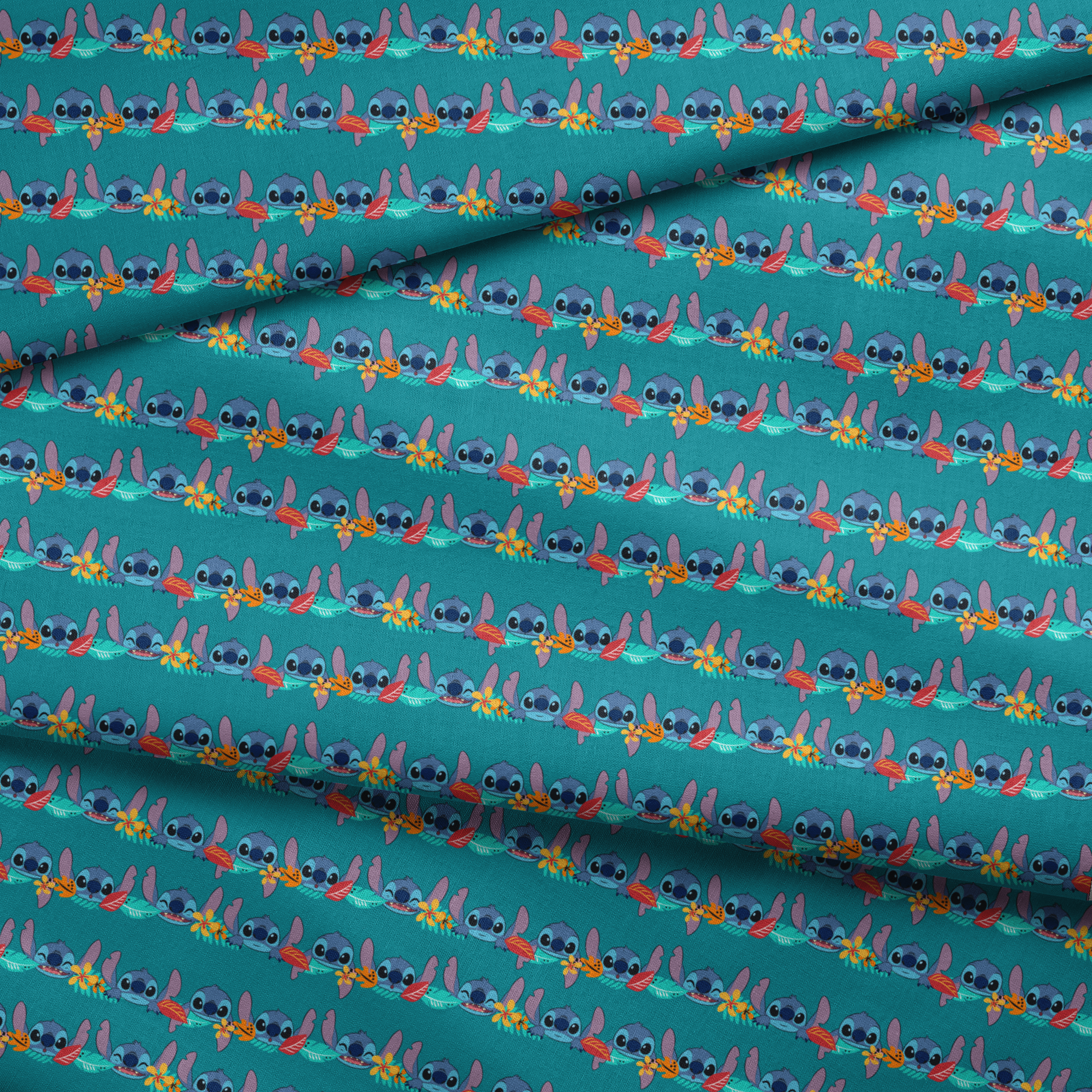 Repeating stripe design with Disney’s Stitch peeking between rows of tropical hibiscus flowers and colorful leaves on a teal background. fabric fold mockup