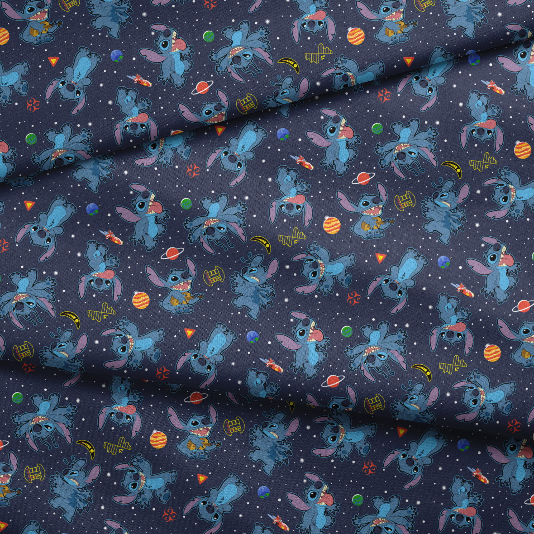 Disney's Stitch floating in space with planets, stars, and spaceships on dark background pattern fabric fold mockup