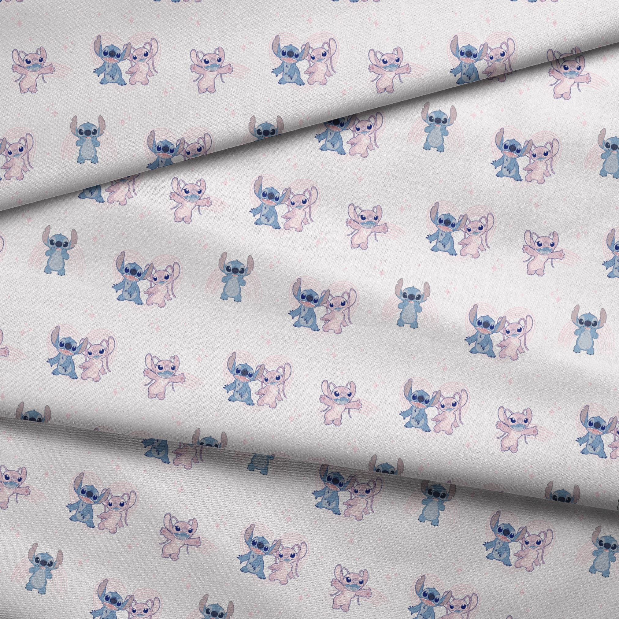 Cartoon pattern of blue and pink Stitch characters from Lilo & Stitch with playful poses on pale background fabric fold mockup