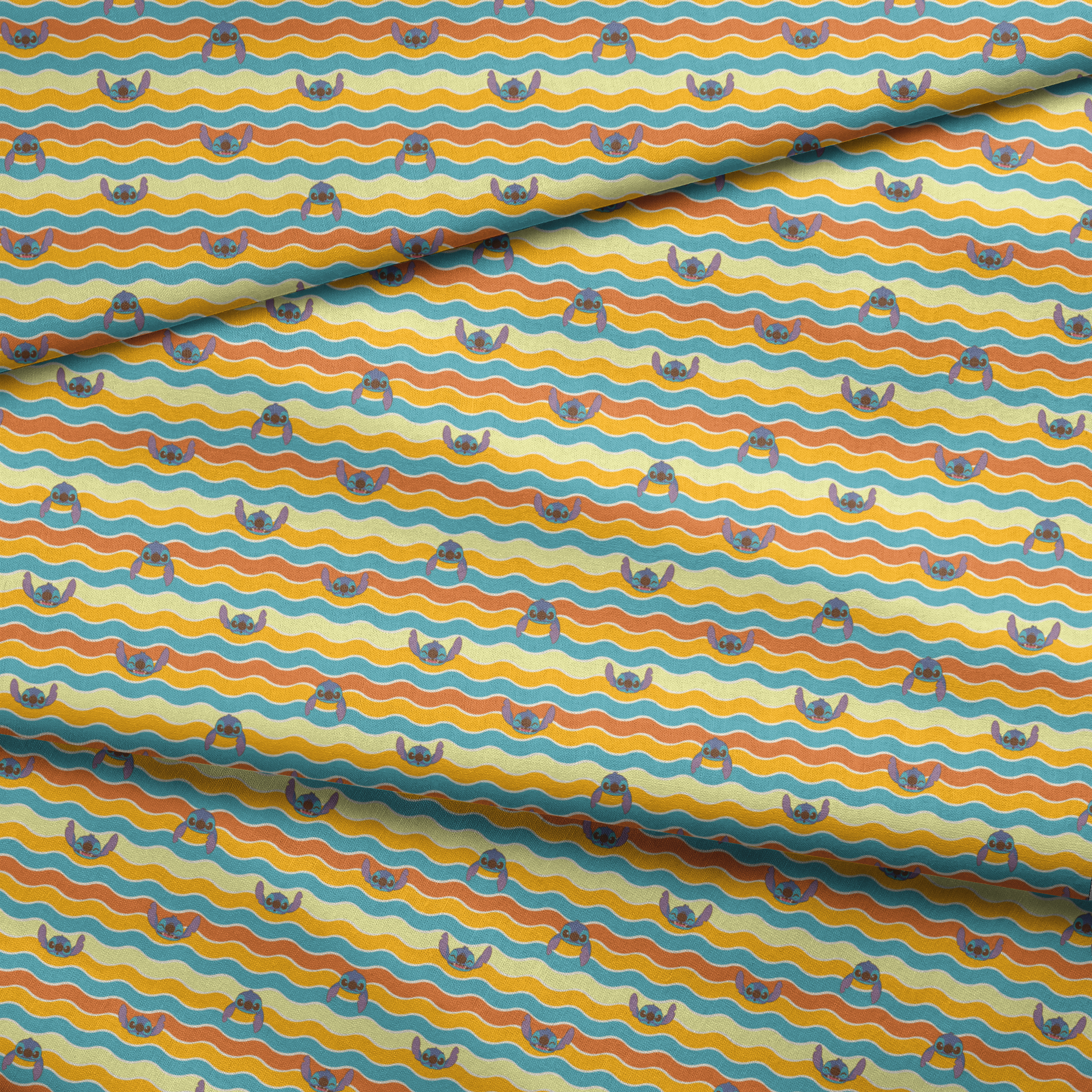 Colorful wavy striped pattern with Stitch peeking between orange, yellow, and teal waves fabric fold mockup