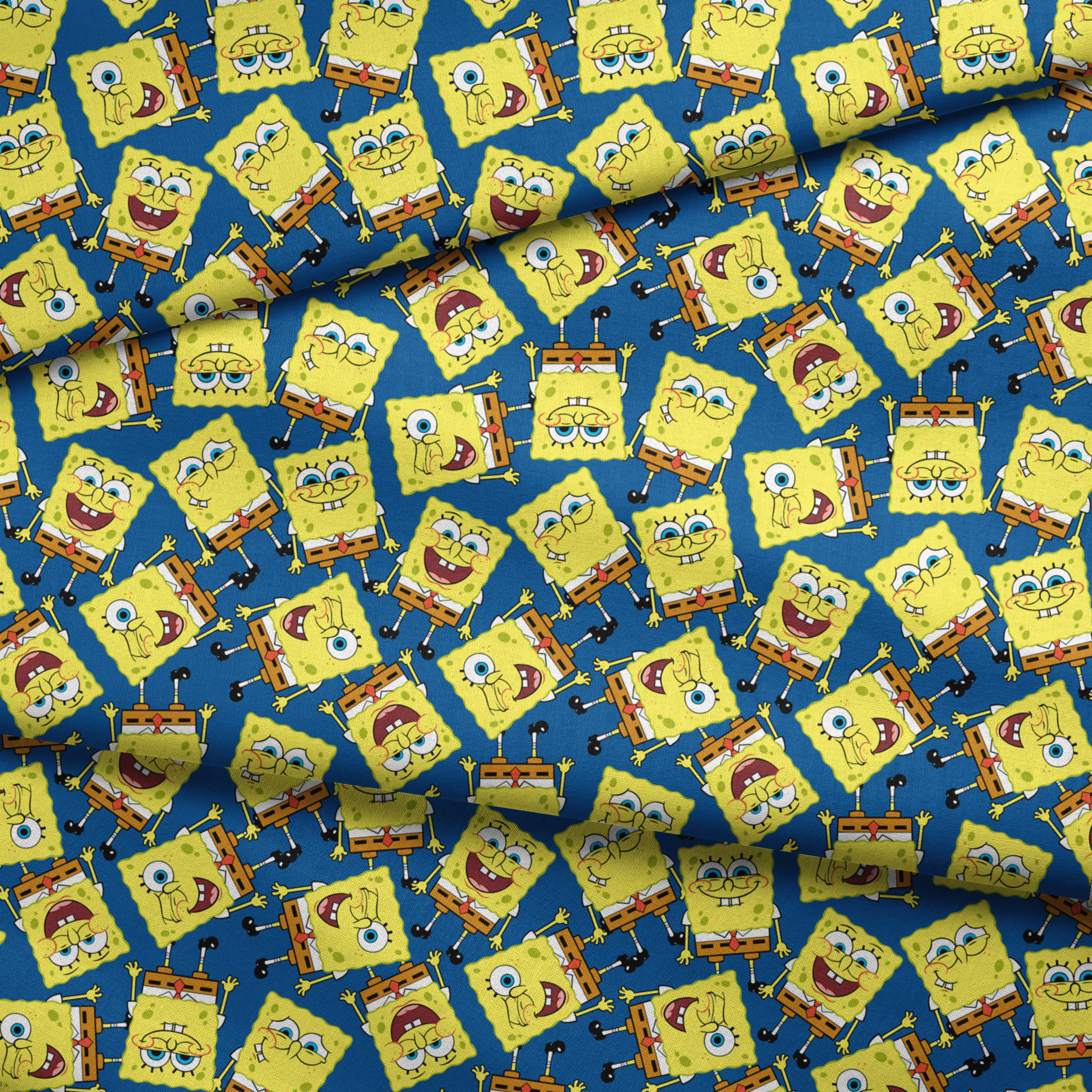 SpongeBob SquarePants pattern featuring various expressions on blue background fabric fold mockup