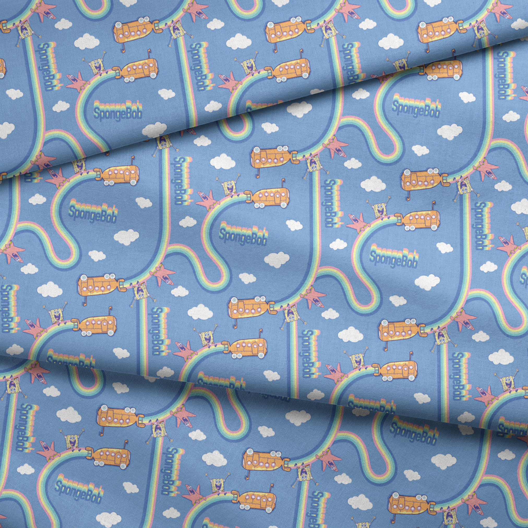 SpongeBob pattern with cartoon characters, buses, rainbows and clouds on light blue background fabric fold mockup