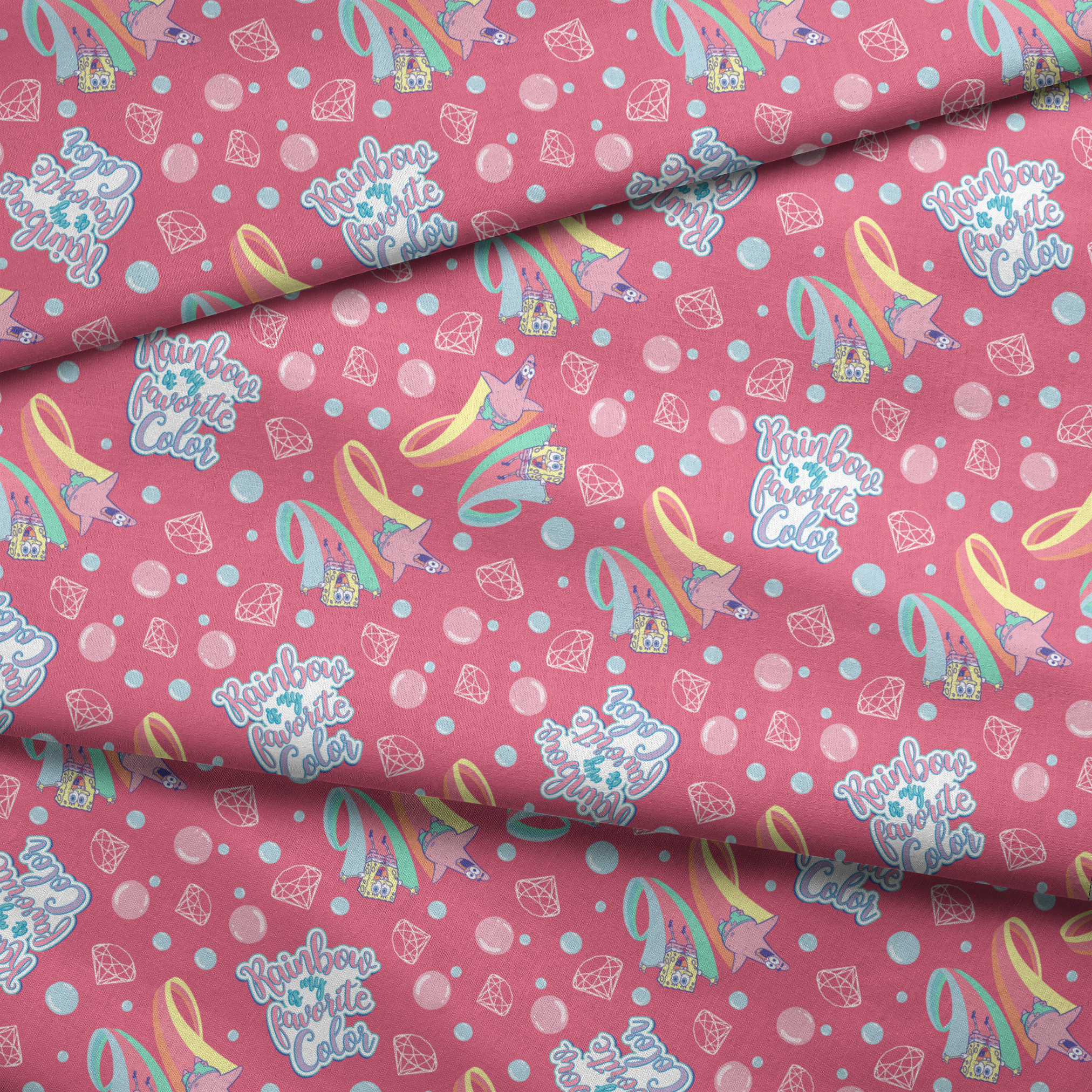 Patrick Star floats among pastel rainbows, bubbles, and gems on a pink background with the phrase “Rainbow is my favorite color” in a SpongeBob design fabric fold mockup