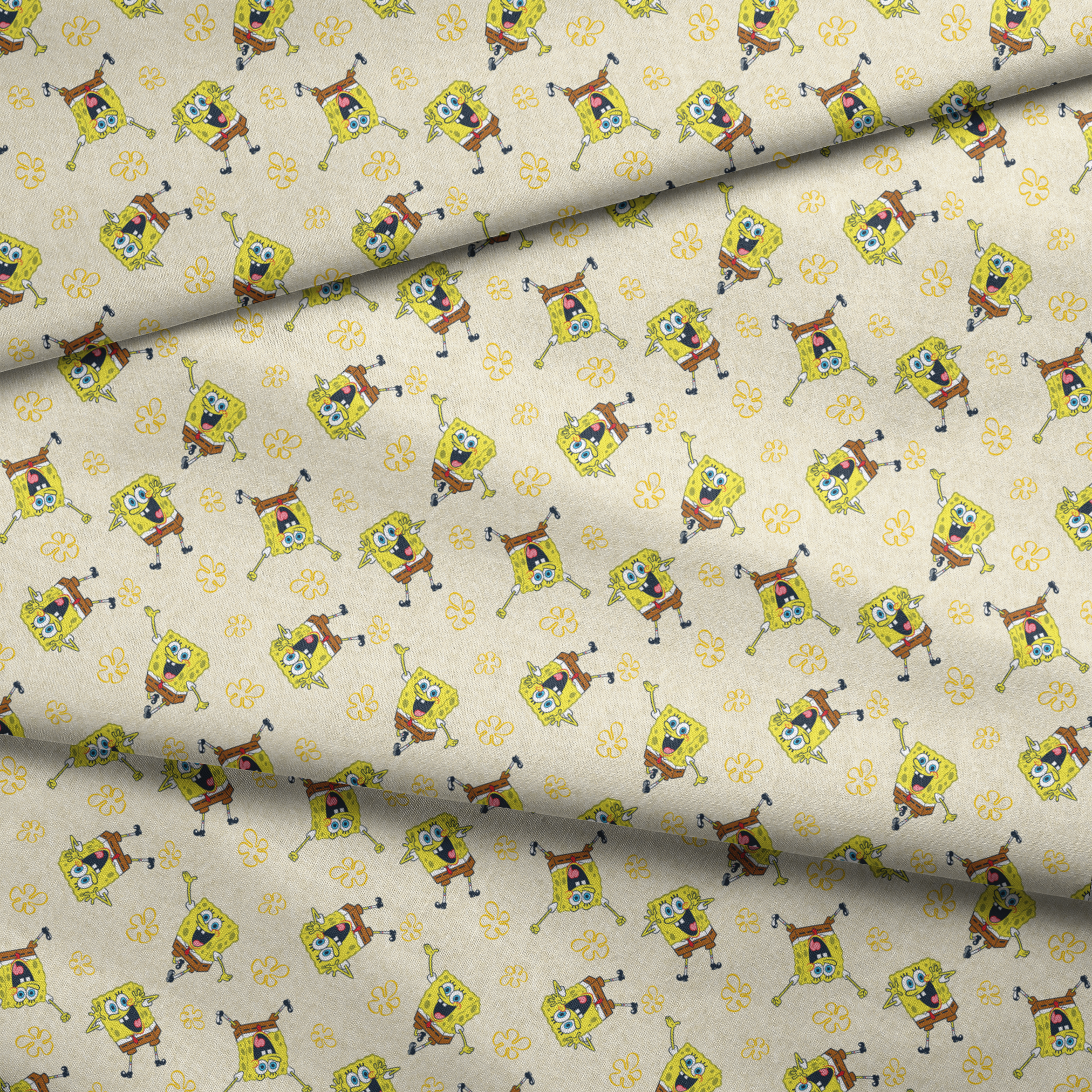 Repeating pattern of SpongeBob SquarePants characters on light yellow background with yellow flowers fabric fold mockup