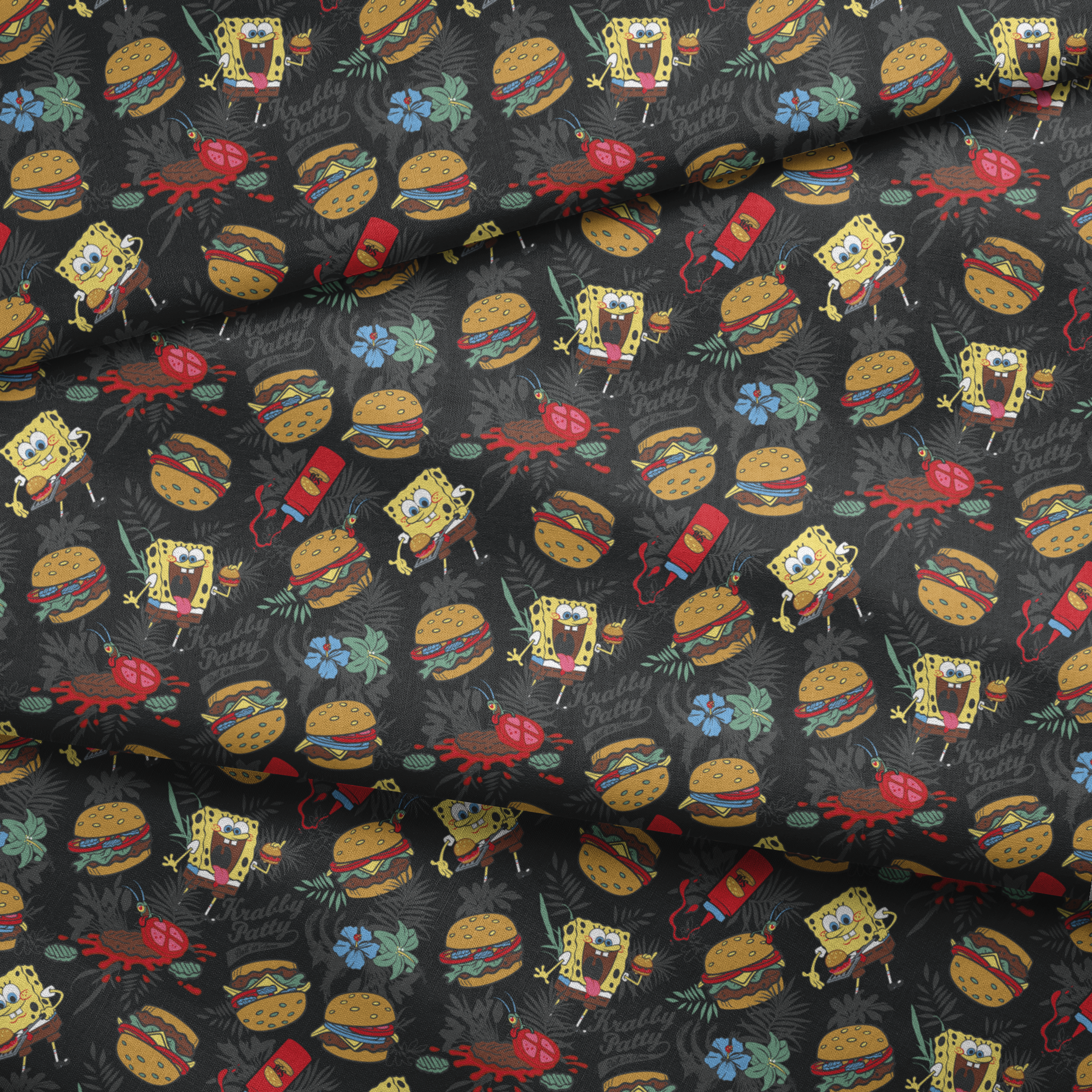 SpongeBob, Plankton, and Krabby Patties with tropical leaves and flowers on a black background in a bold character-themed design. fabric fold mockup