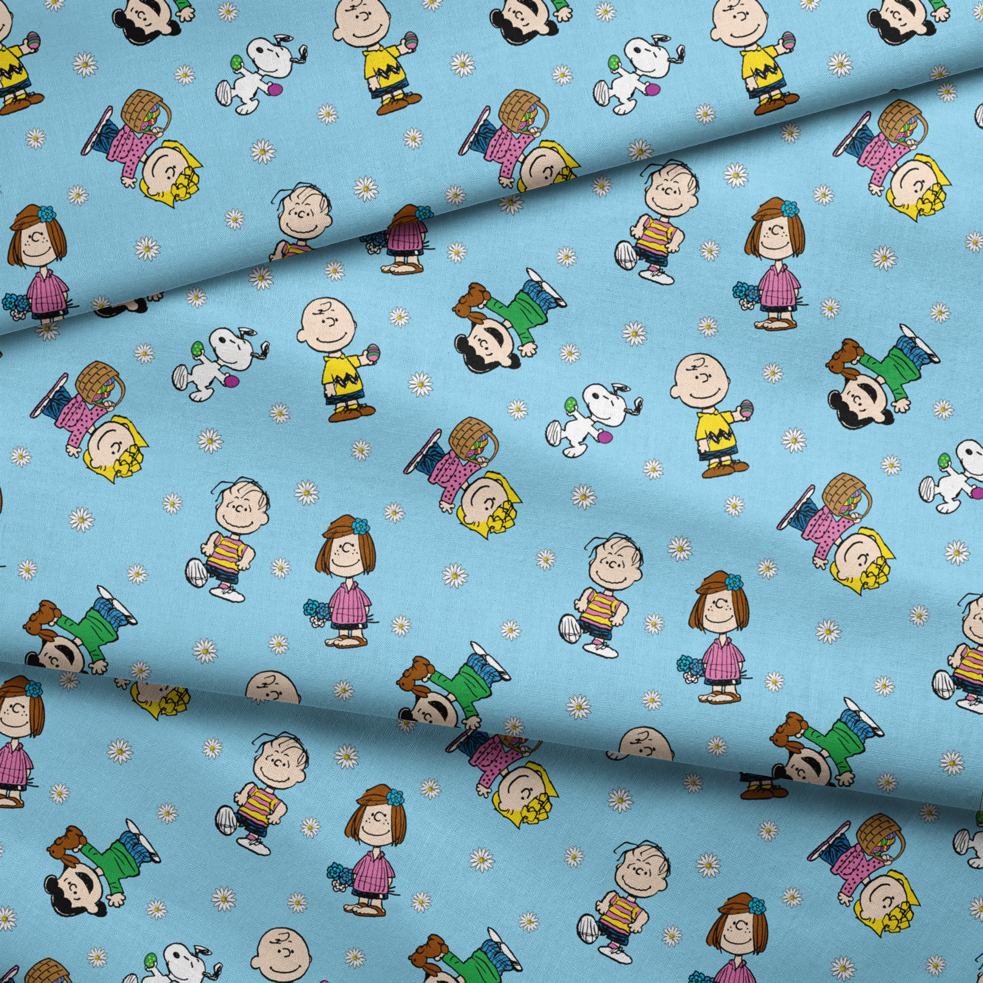Peanuts cartoon characters scattered on light blue background with white daisies pattern fabric fold mockup