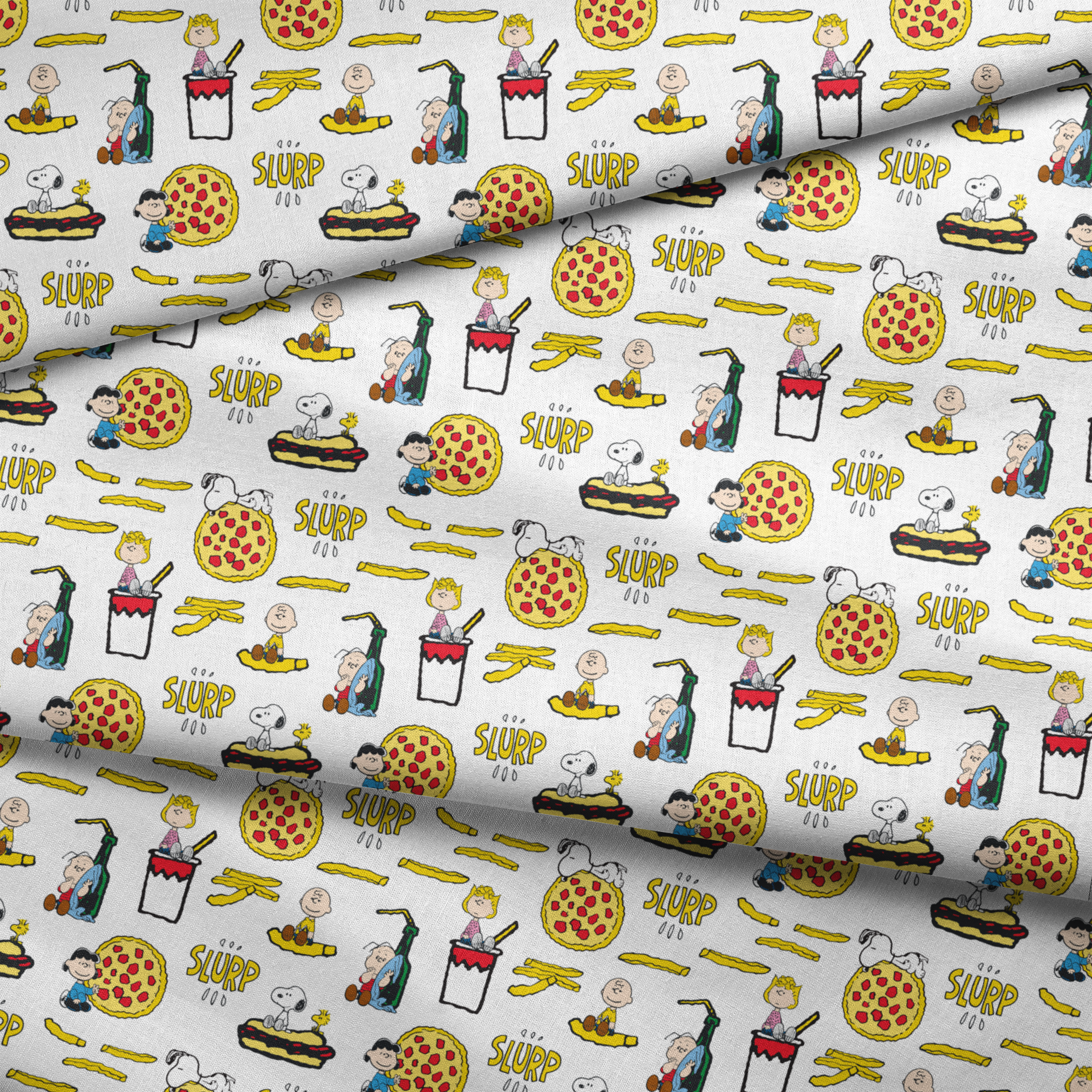 Peanuts cartoon characters with pizza, hot dogs, and "SLURP" text in a repeating pattern fabric fold mockup