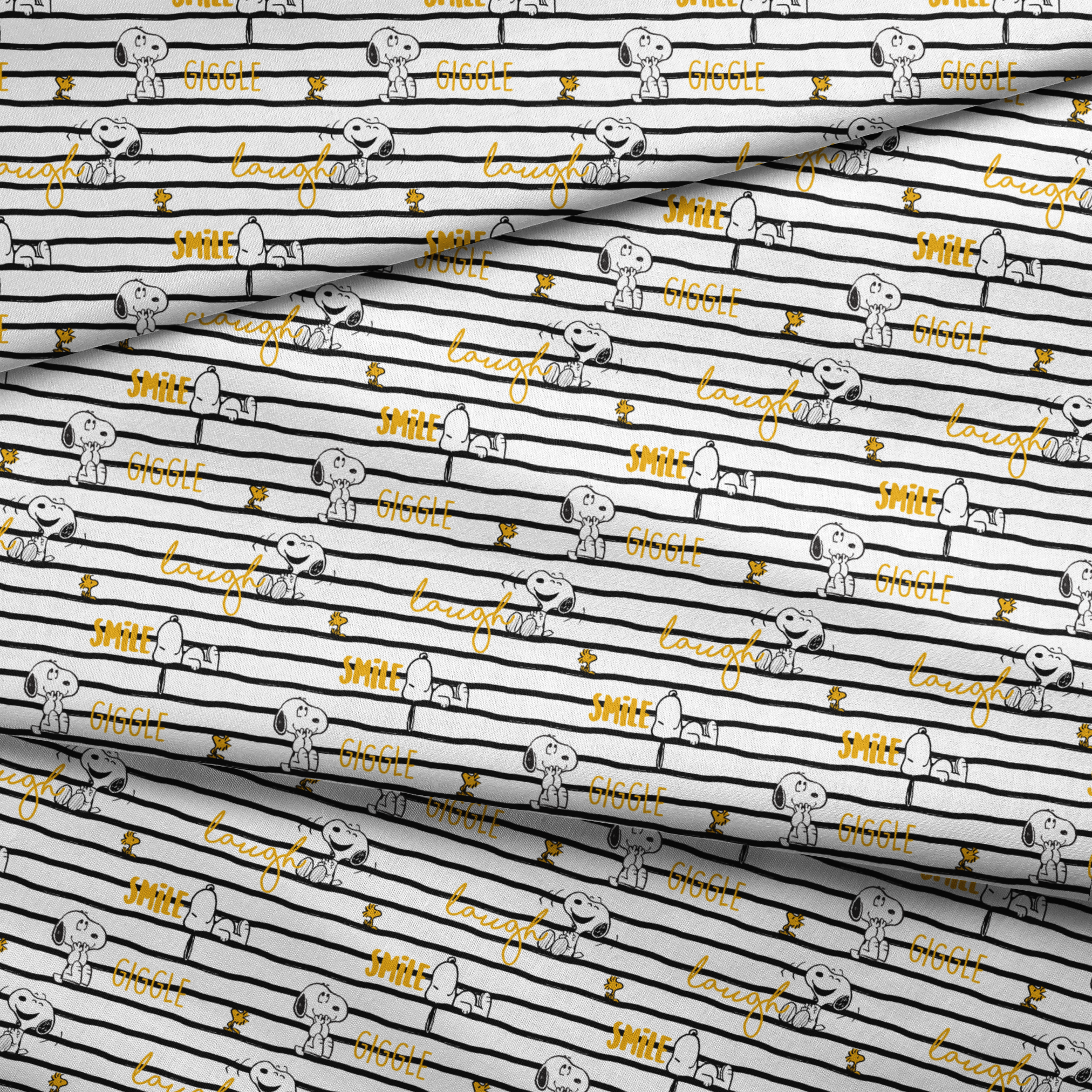 Black and white striped pattern with Snoopy and Woodstock, yellow text saying "giggle," "laugh," "smile fabric fold mockup