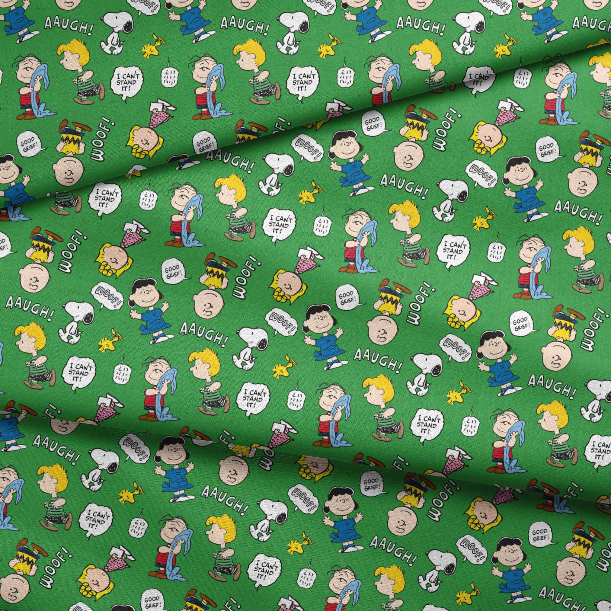 Peanuts comic characters on green background - Snoopy, Woodstock, and gang with speech bubbles like "AAUGH!" and "I CAN'T STAND IT! fabric fold mockup
