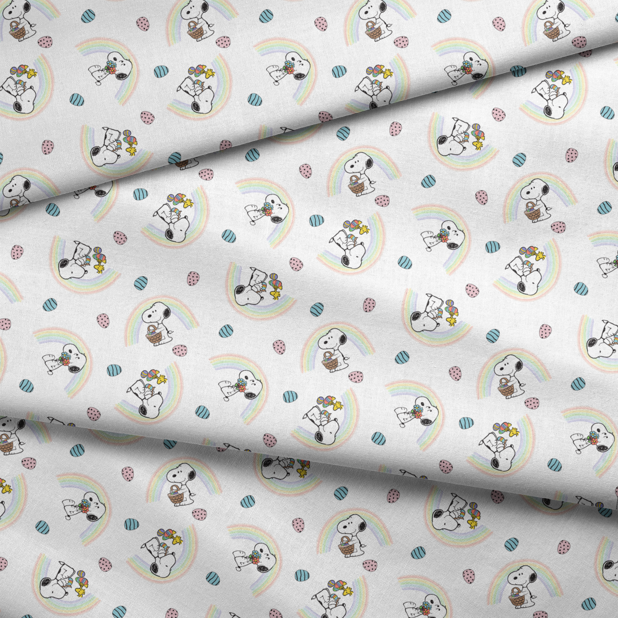 Snoopy pattern with Easter eggs, rainbows, and Woodstock, featuring Snoopy holding flowers and baskets fabric fold mockup