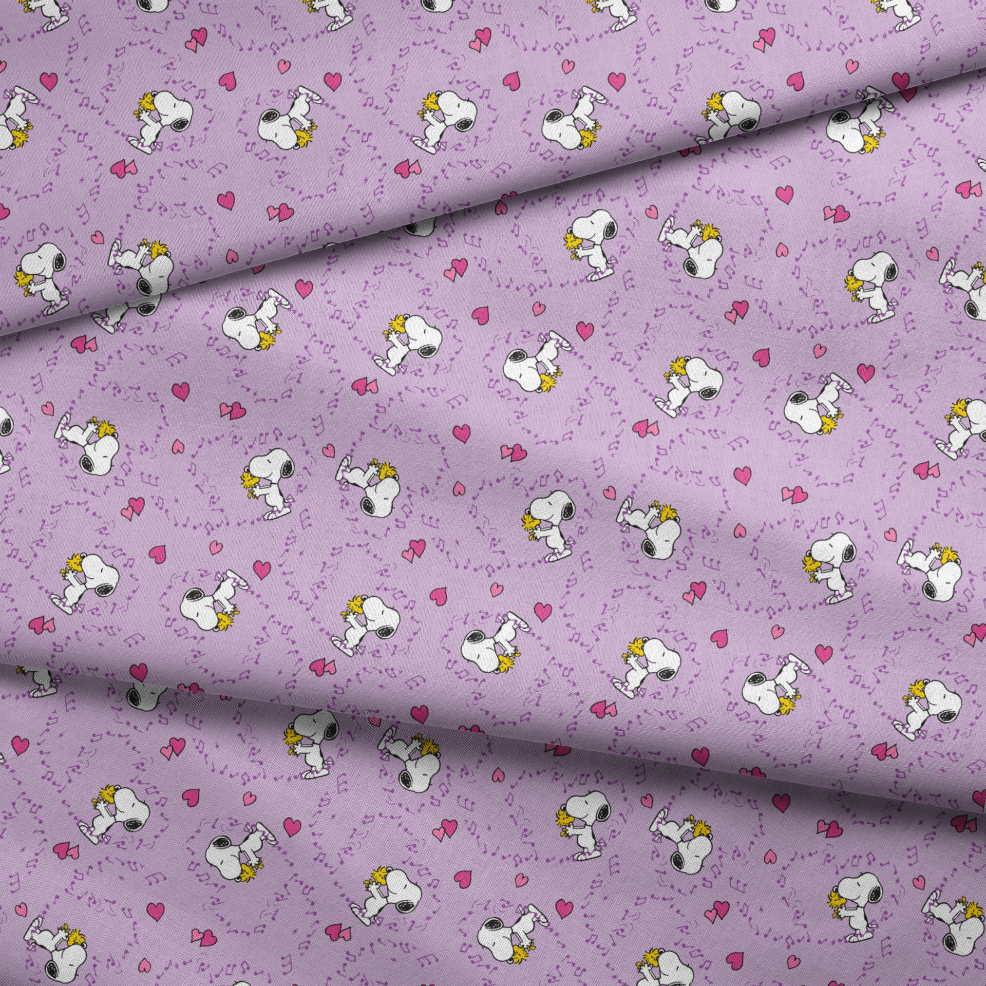 Snoopy and Woodstock on purple background with pink hearts and music notes fabric fold mockup