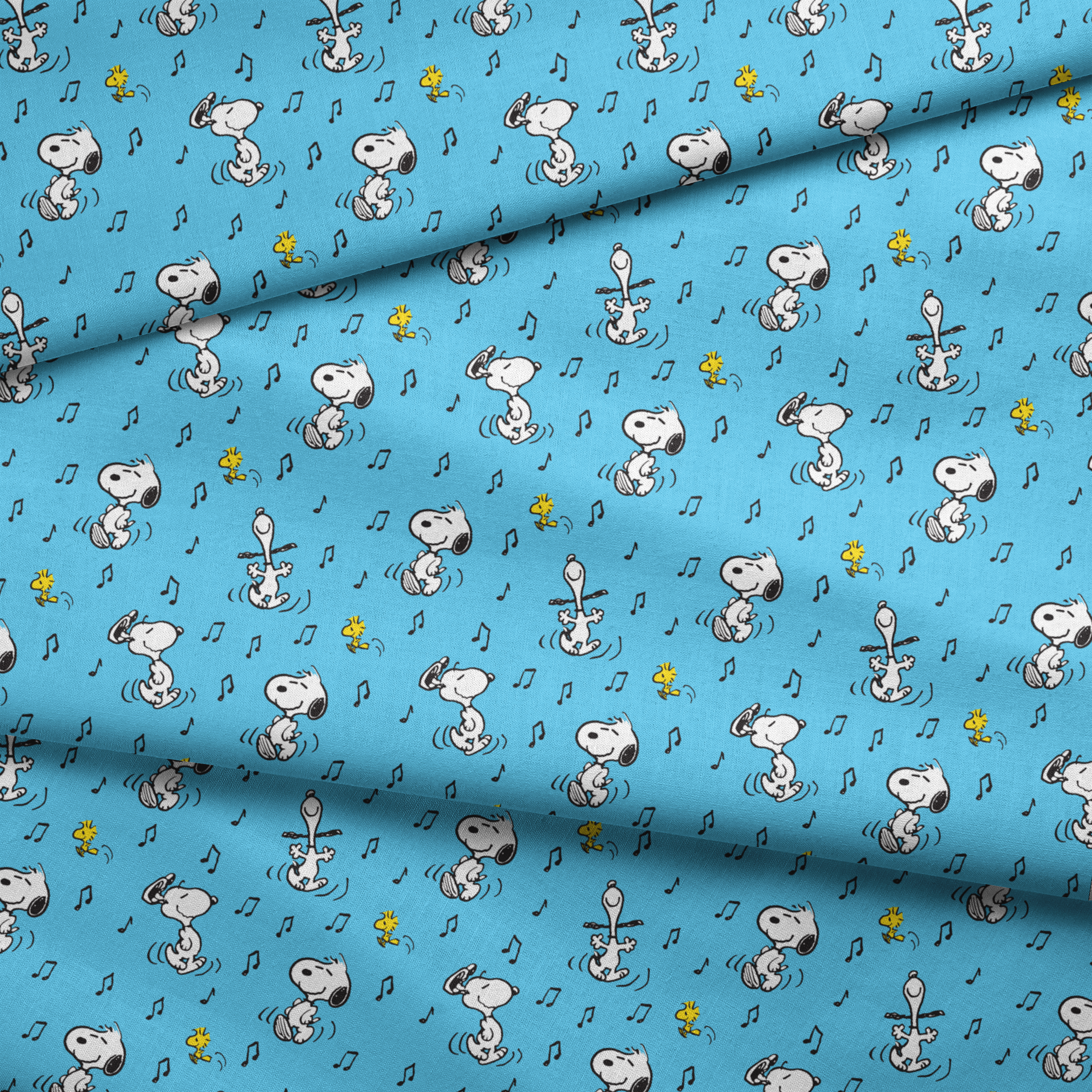 Cartoon characters Snoopy and Woodstock dancing with musical notes on light blue background fabric fold mockup