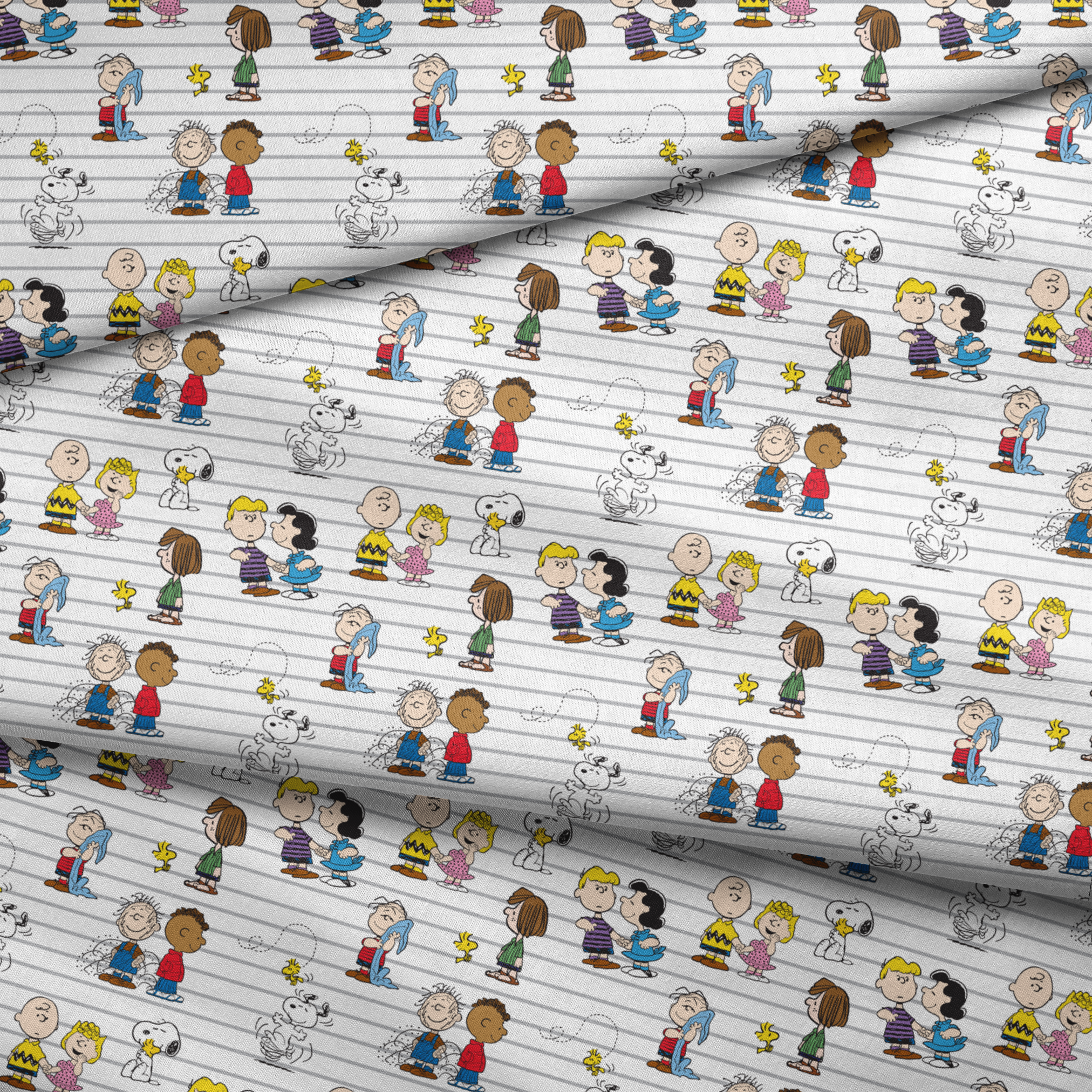 Peanuts cartoon characters on striped background, including Snoopy, Woodstock, and friends with their signature traits and poses. fabric fold mockup