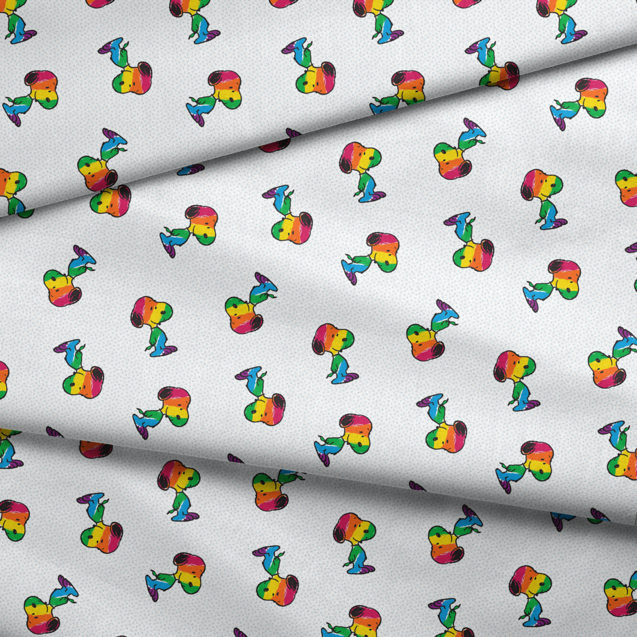Colorful rainbow Snoopy in various poses on a dotted white background fabric fold mockup
