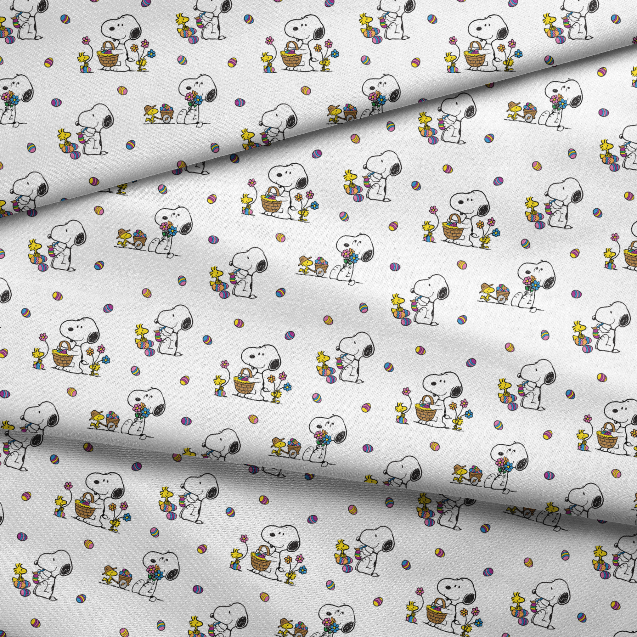 Cartoon pattern with Snoopy and Woodstock celebrating Easter with colorful eggs and baskets on white background fabric fold mockup