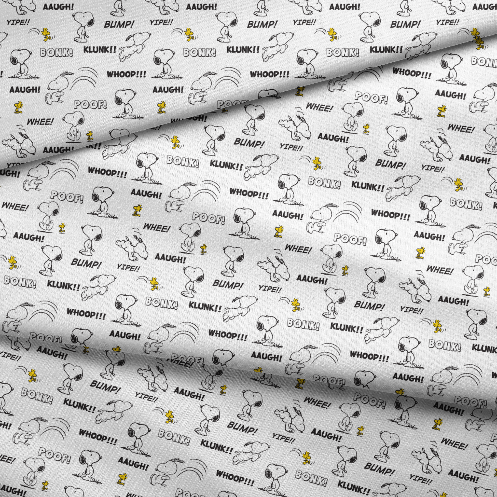 Comic-style pattern of Snoopy and Woodstock with sound effect words like "BONK!", "KLUNK!" and "BUMP!" in black and white. fabric fold mockup