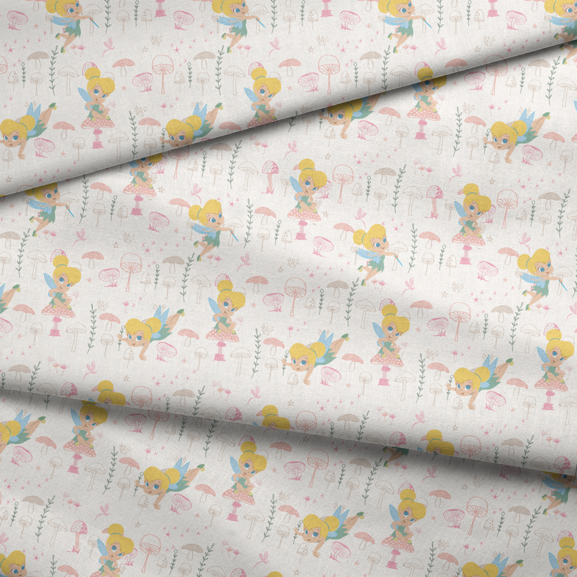 Whimsical pattern with cartoon fairy characters and pink mushrooms against a cream background fabric fold mockup