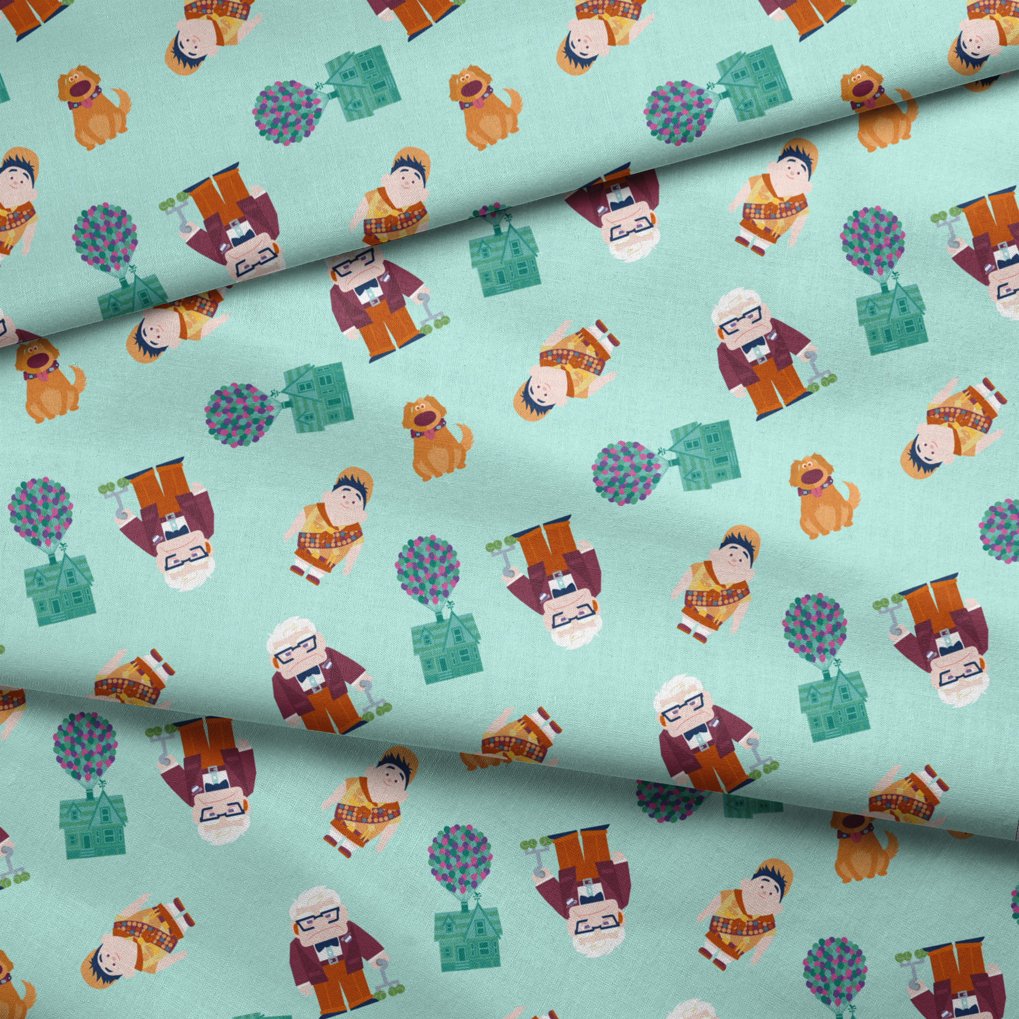 Cartoon pattern on mint background featuring characters from Pixar's "Up" with balloons, houses, and colorful elements fabric fold mockup