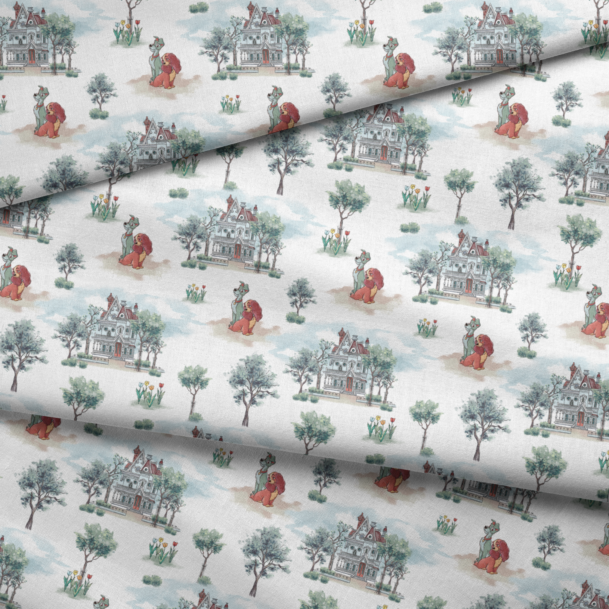 Repeating pattern with Victorian houses, small trees, and cartoon lions with red manes in a soft watercolor style fabric fold mockup