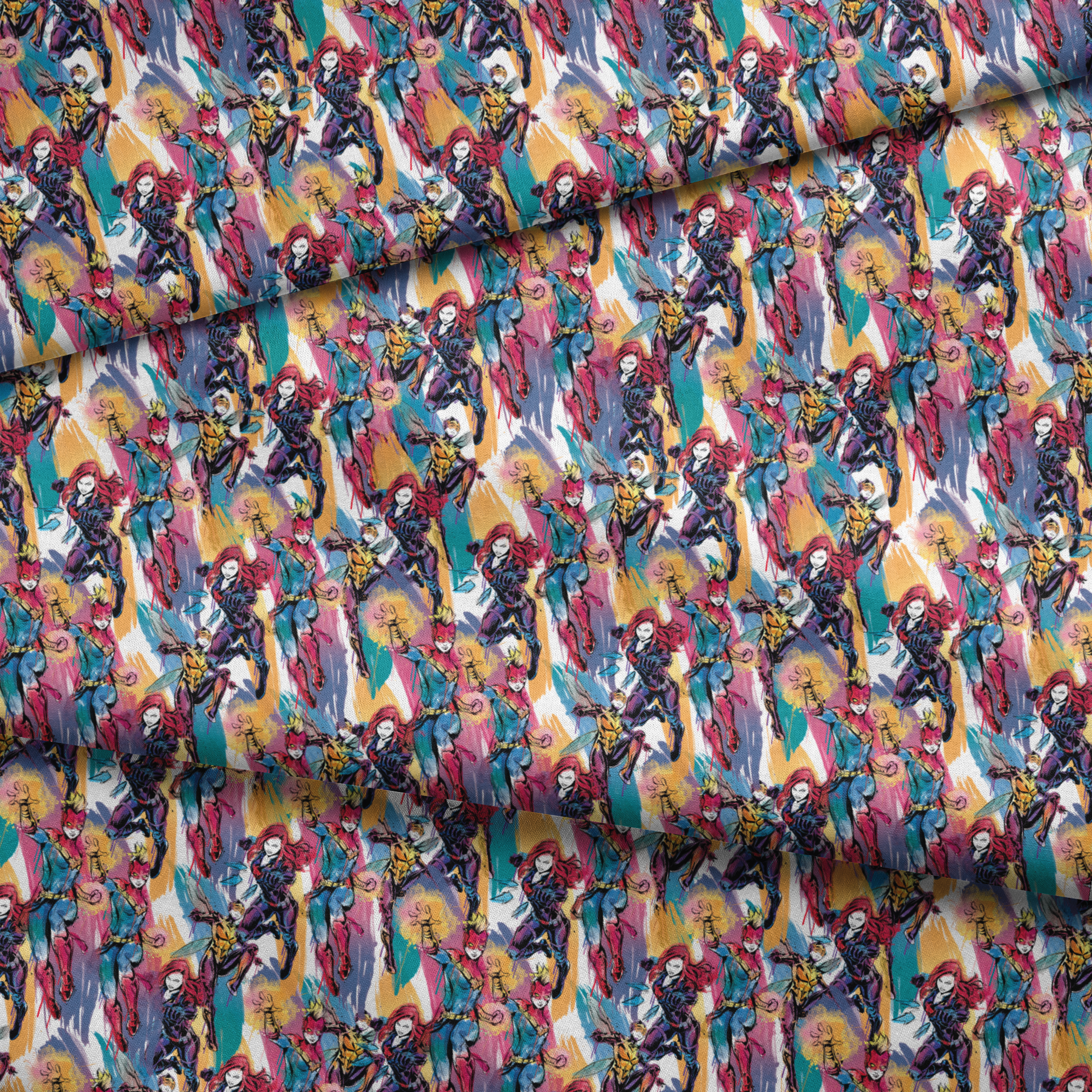 Colorful comic book superhero pattern with characters in dynamic poses against abstract brushstroke background fabric fold mockup