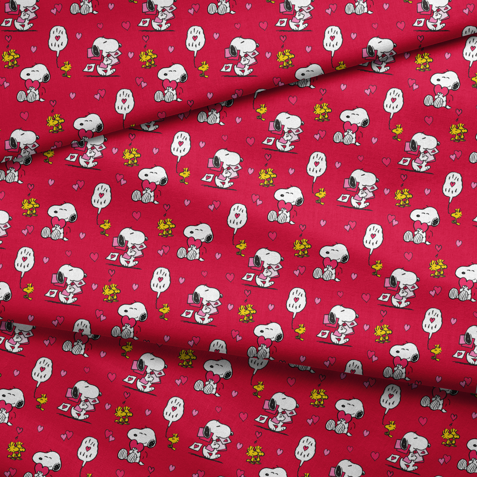 Snoopy and Woodstock pattern with hearts on bright red background, Valentine's theme fabric fold mockup