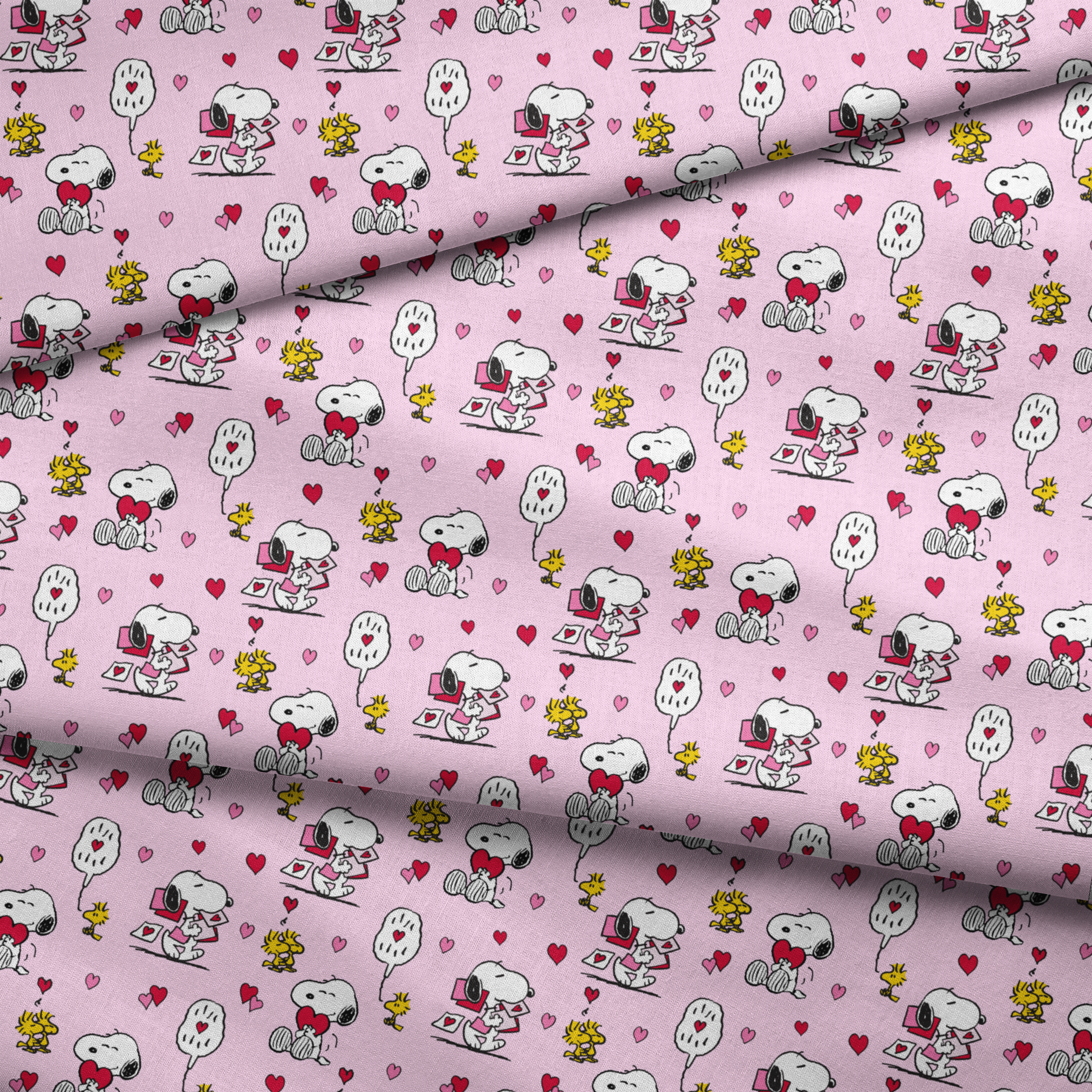 Valentine's pattern with Snoopy, Woodstock, and hearts on pink background, featuring love letters and speech bubbles. fabric fold mockup