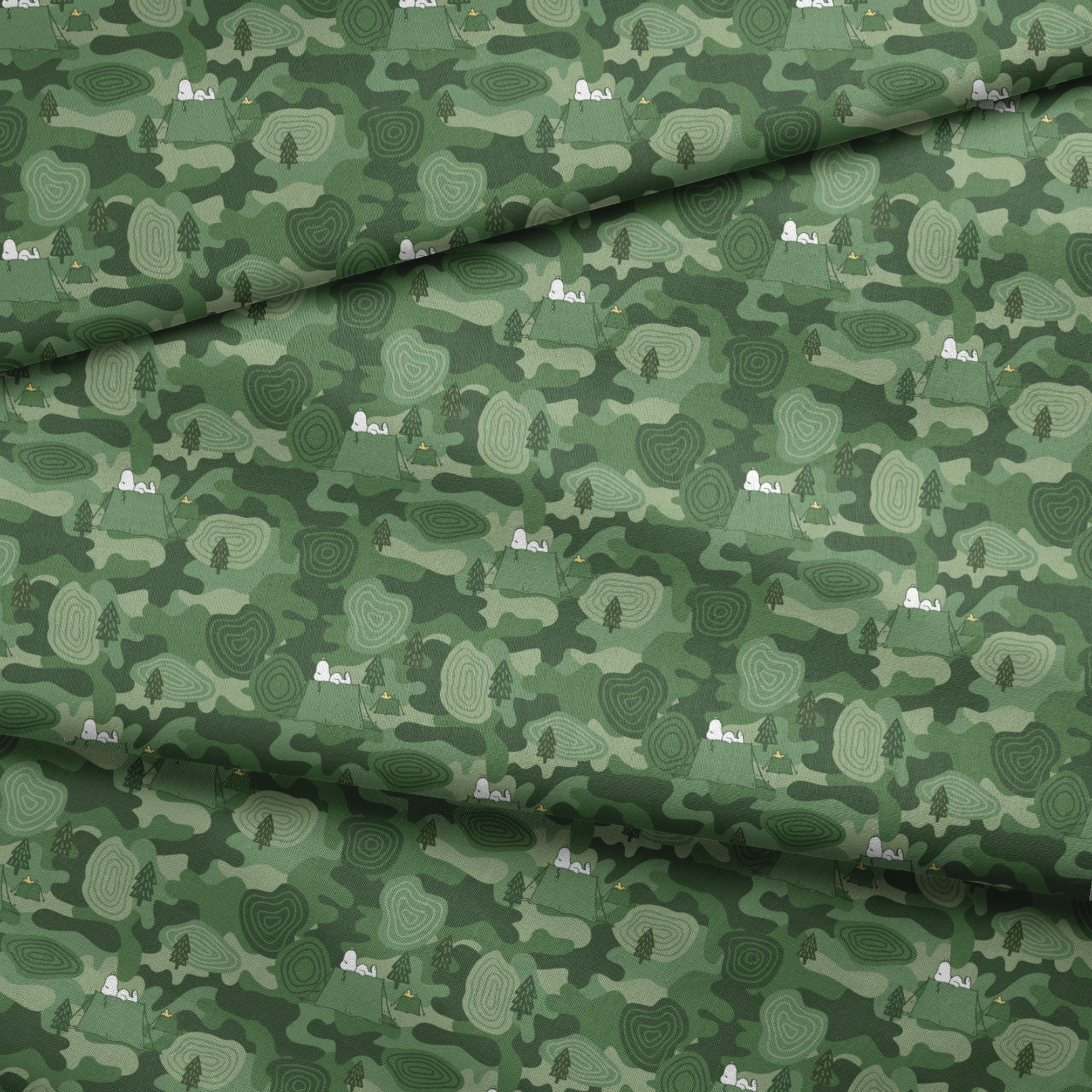 Snoopy camping scene with tents and trees on a green camouflage pattern background fabric fold mockup