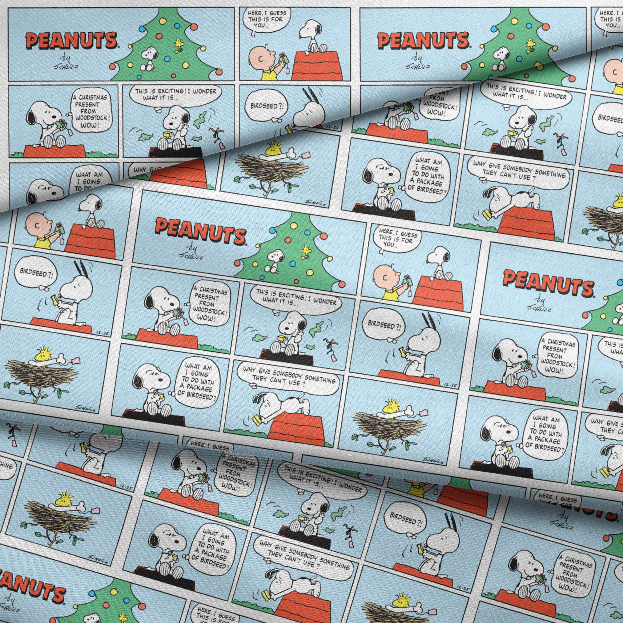 This is a Peanuts comic strip featuring Snoopy on his red doghouse with a Christmas tree visible. The panels show Snoopy preparing and decorating his doghouse for the holidays, with his yellow bird friend Woodstock appearing in a nest with Christmas lights. fabric fold mockup