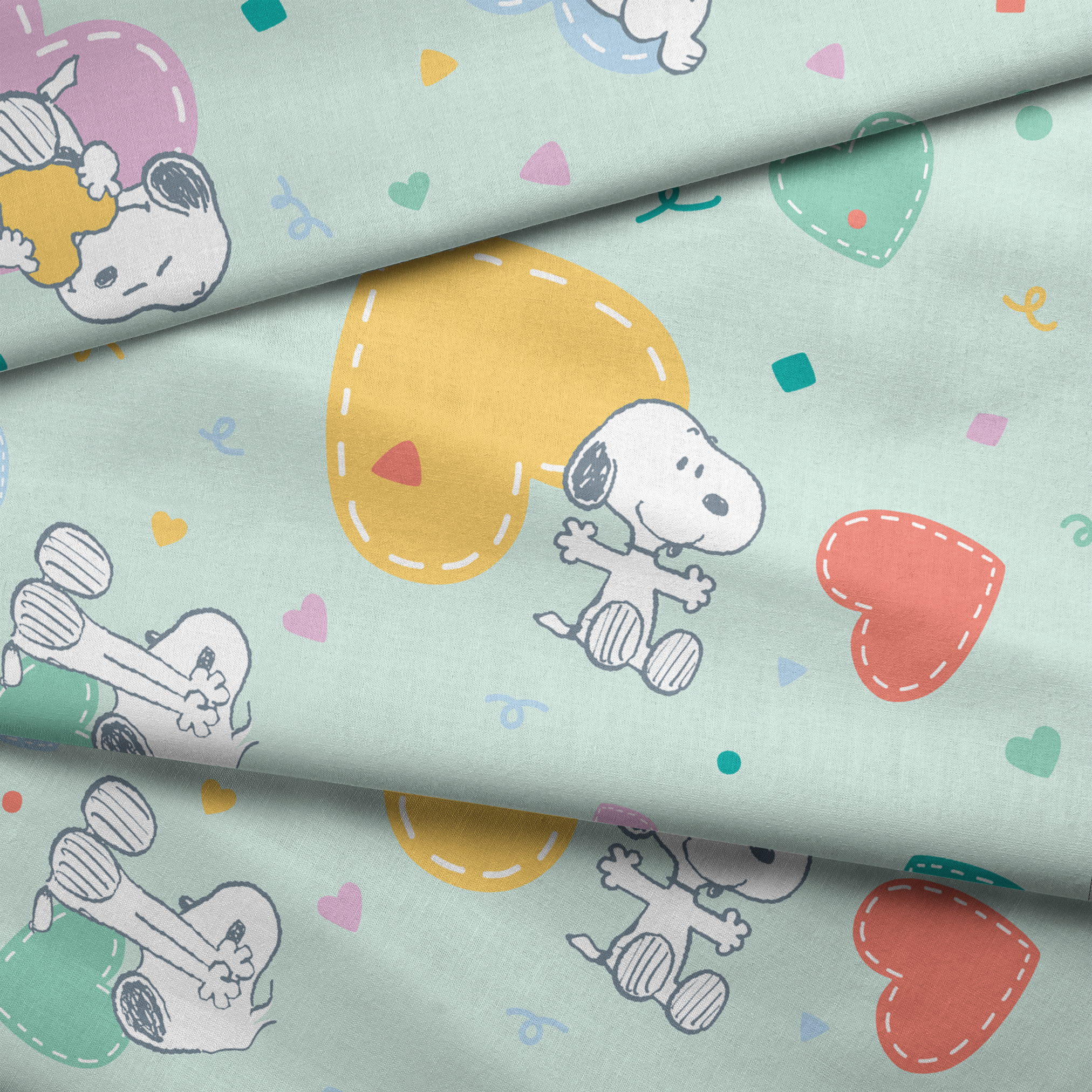Cartoon Snoopy pattern with colorful hearts on mint green background, featuring different Snoopy poses fabric fold mockup