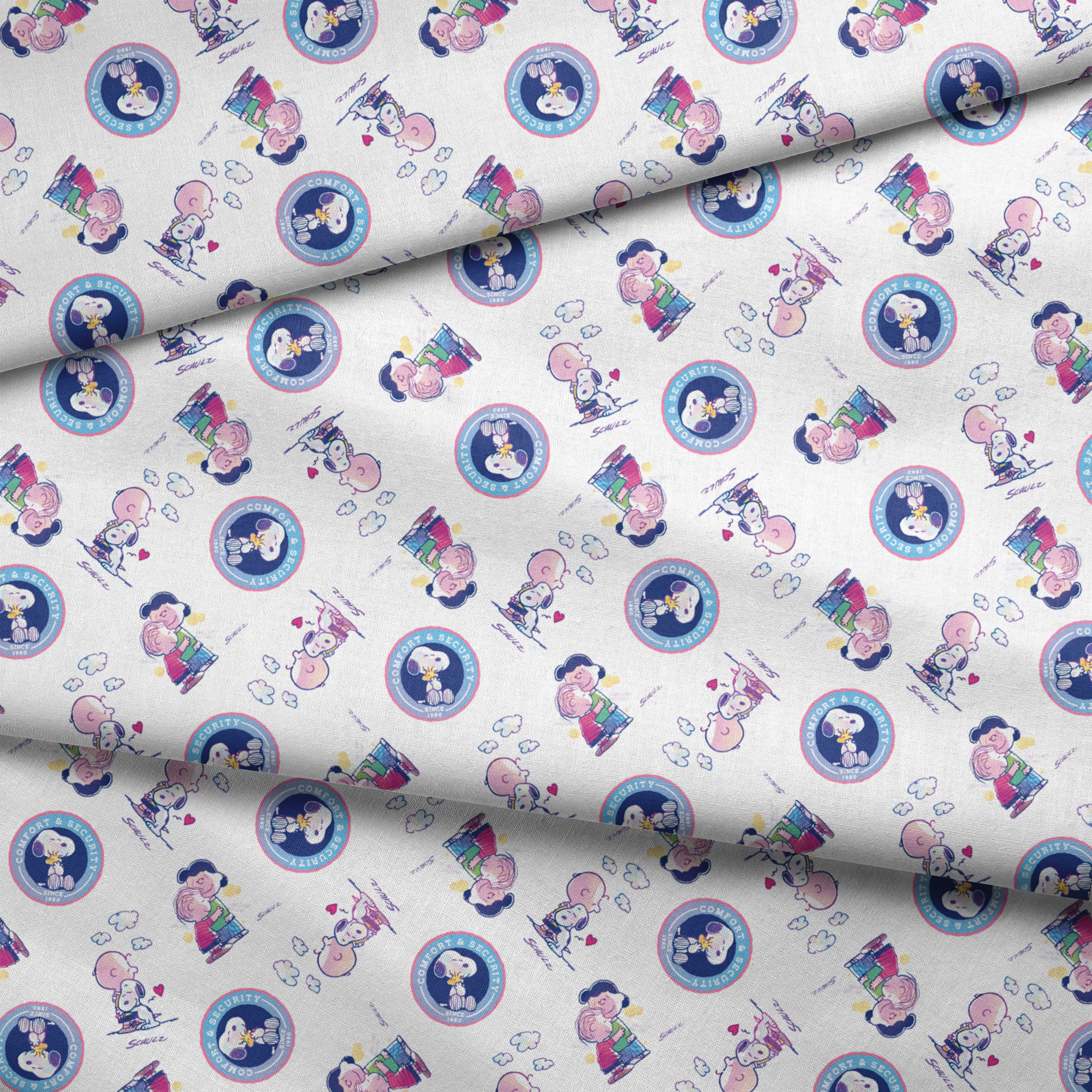 Peanuts cartoon pattern with Snoopy in blue circles and Charlie Brown with books on white background fabric fold mockup