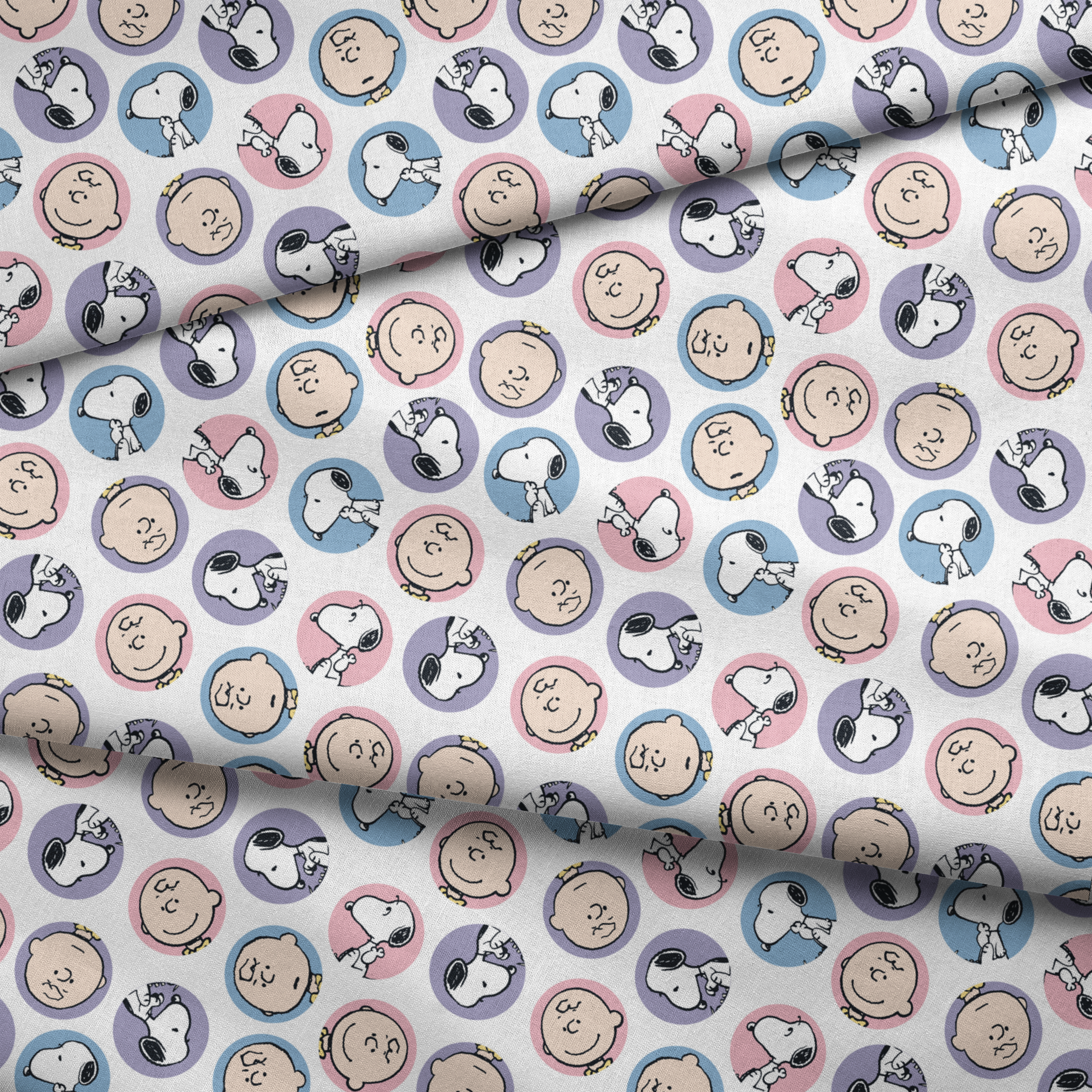 Peanuts cartoon pattern with Charlie Brown and Snoopy circular portraits in pink, blue and purple fabric fold mockup