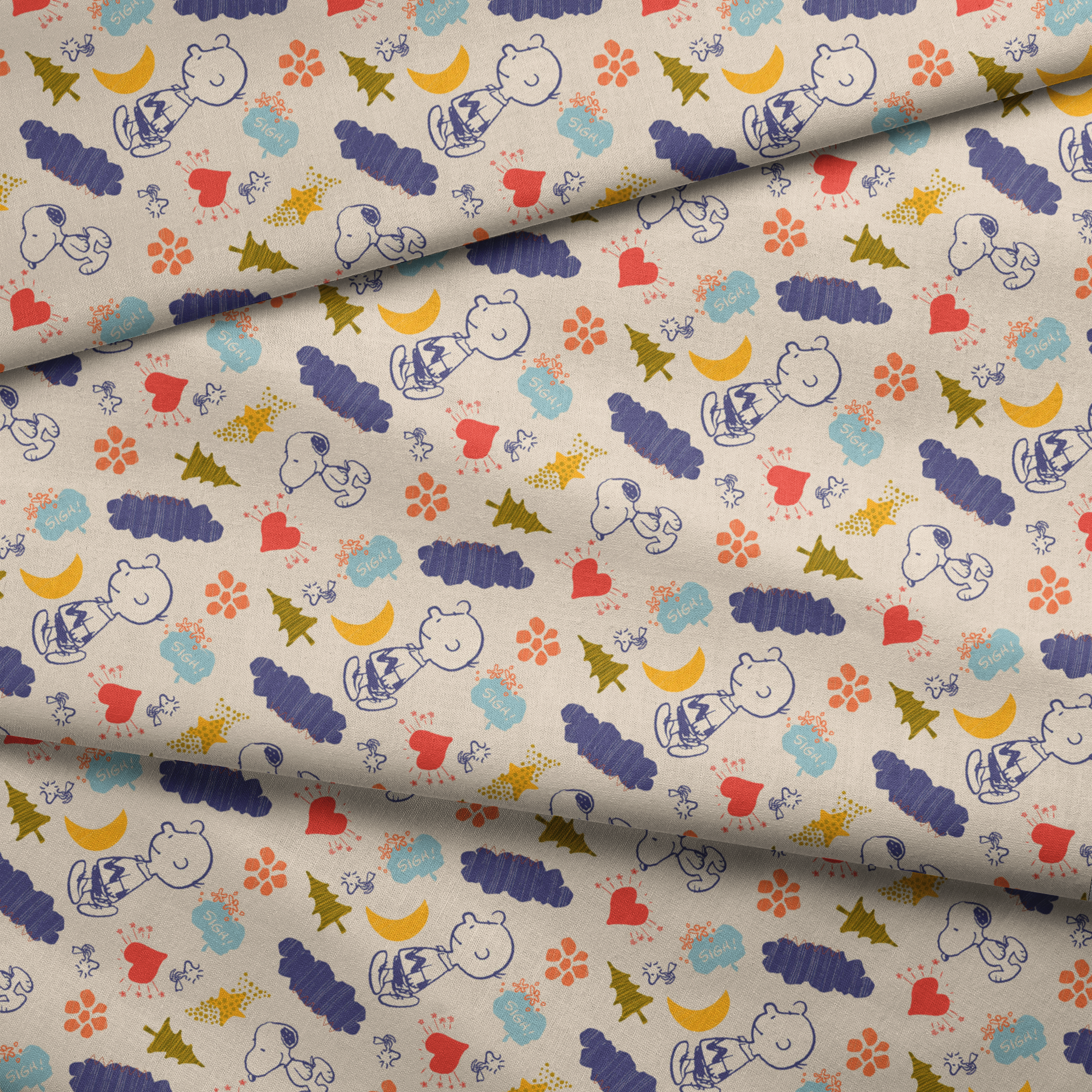 Whimsical Peanuts pattern with trees, clouds, moon, and birds in blue, red, green, and yellow on cream background. fabric fold mockup