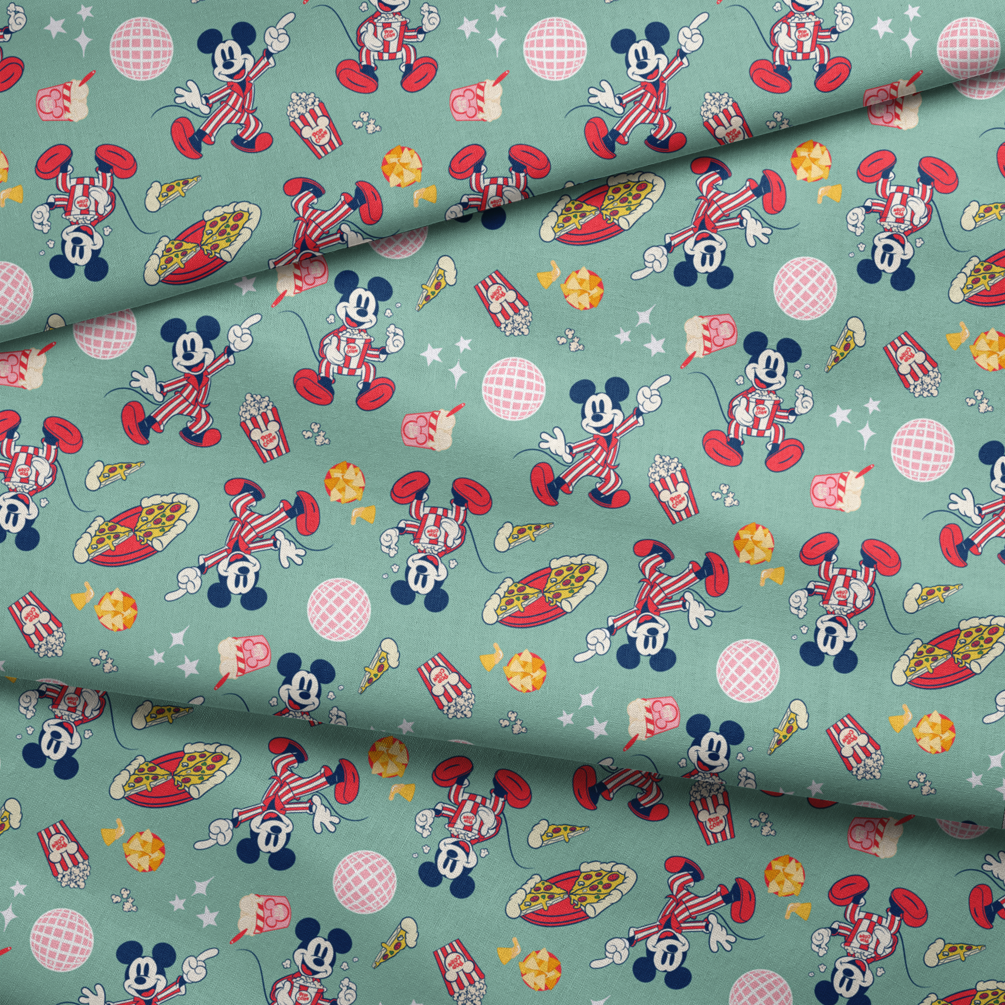 Mickey Mouse in red striped outfits with disco balls, pizza, popcorn, and snacks on mint green background. fabric fold mockup