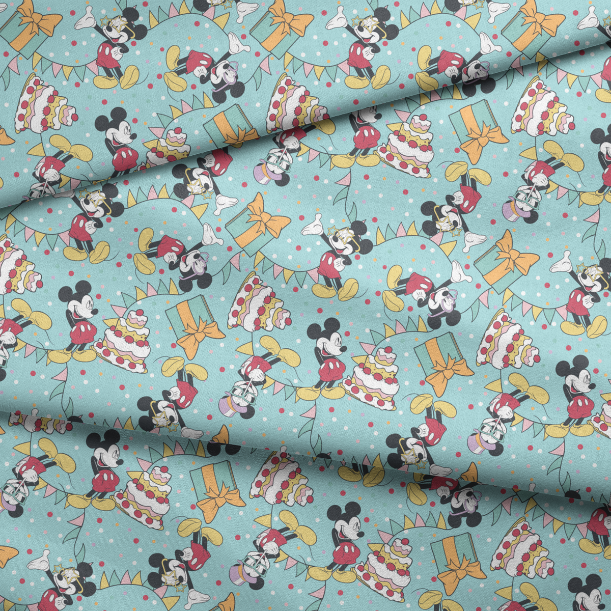 Mickey Mouse celebrating with cakes, presents, and colorful party decorations on light blue background.