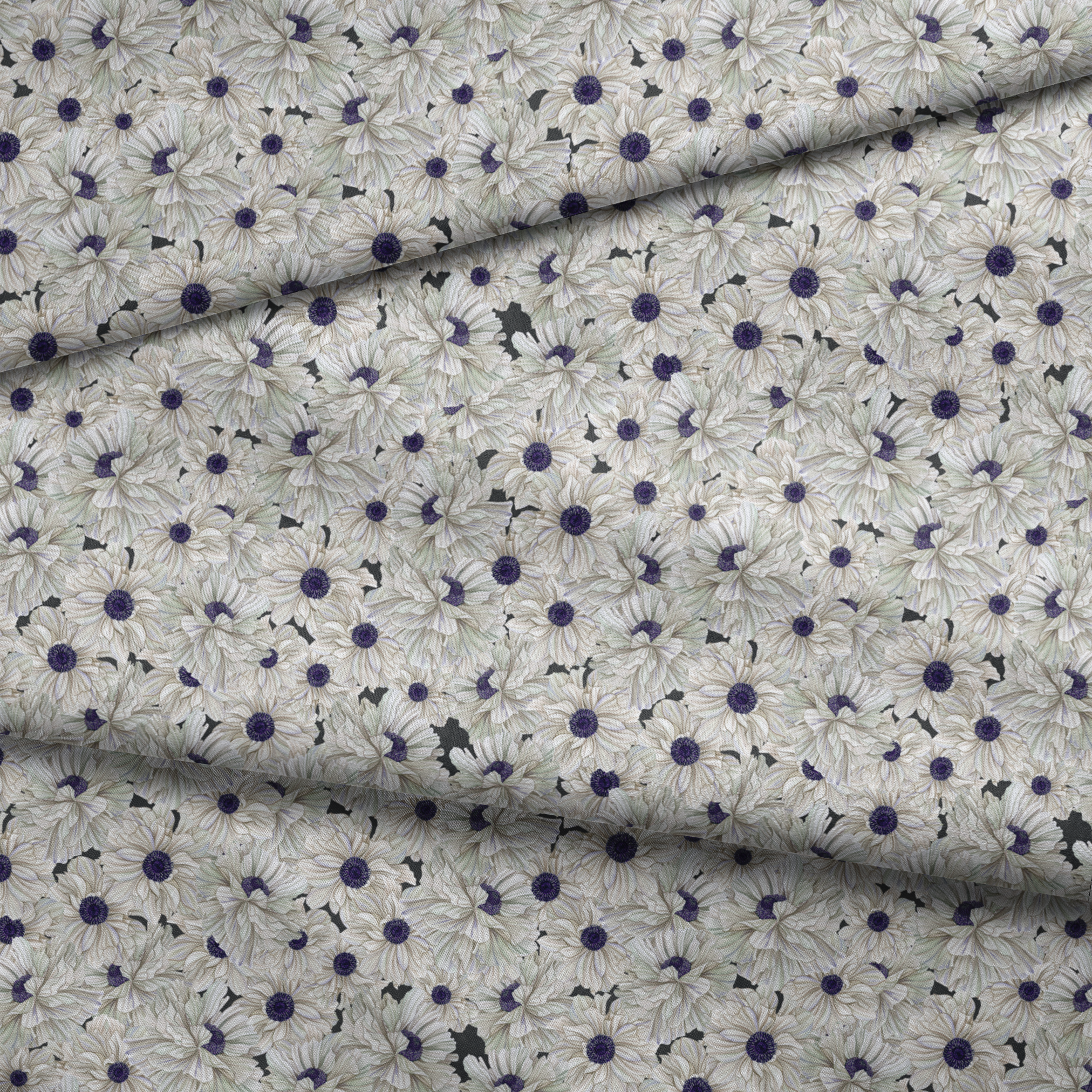 Ivory and indigo packed floral pattern with detailed petal textures and clustered blooms. fabric fold mockup