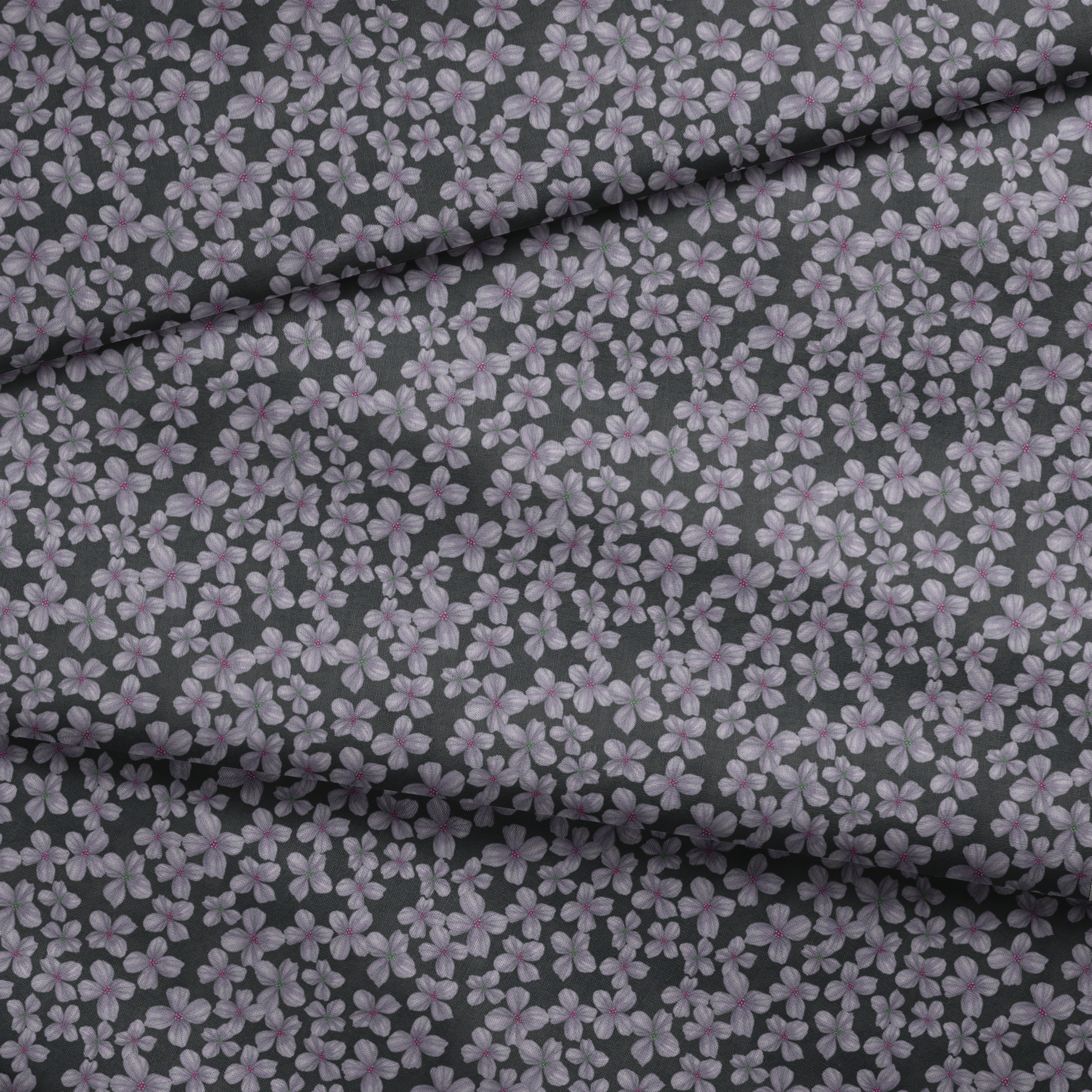 Hand-drawn purple flowers scattered on a charcoal background, designed by Nicole Tamarin. fabric fold mockup