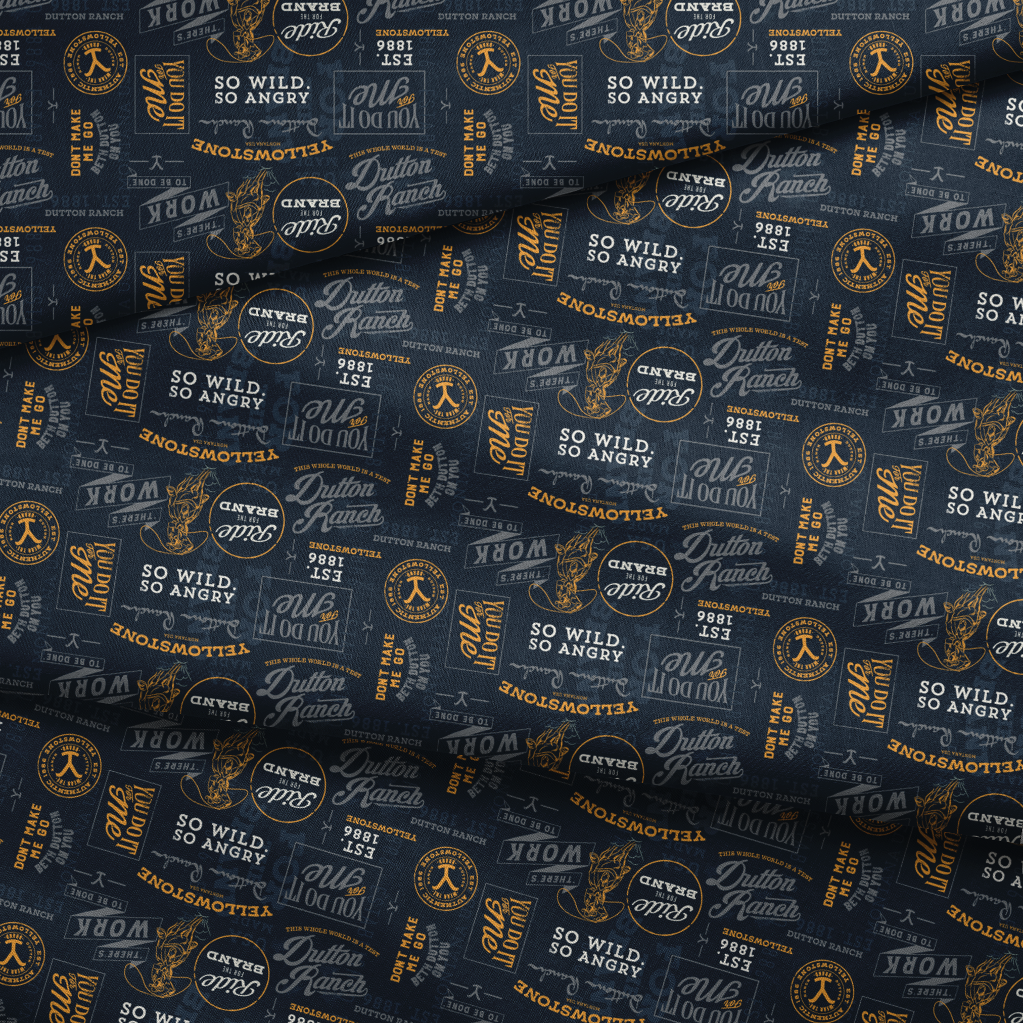 Yellowstone patch design with distressed western typography and quotes in gold and ivory on a black background. fabric fold mockup