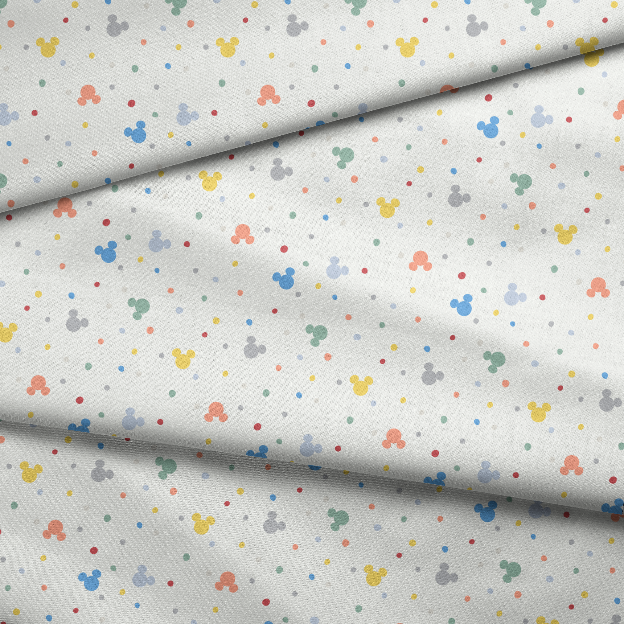 Colorful Disney Mickey Mouse silhouette pattern with pastel dots on white background fabric fold mockup