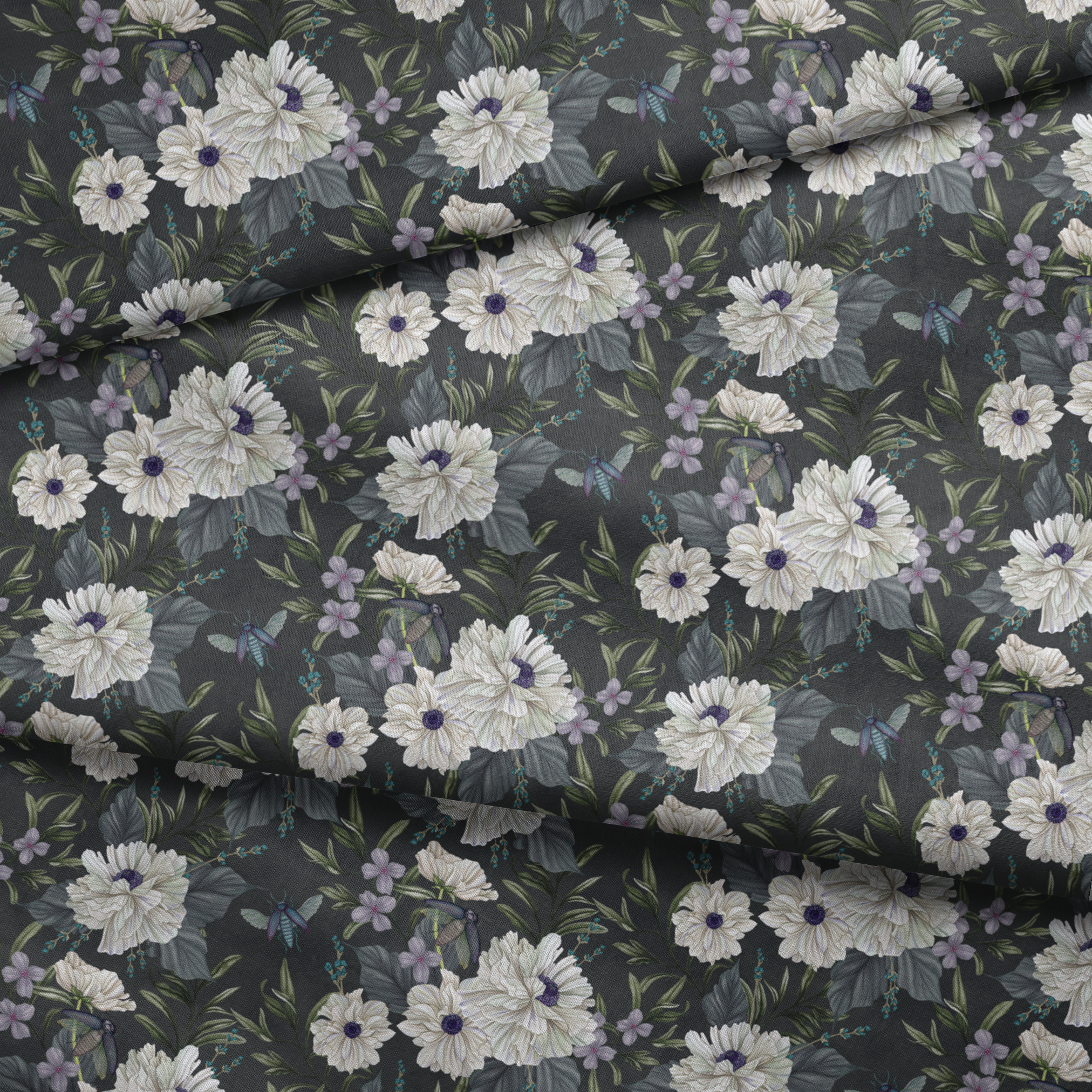 Ivory flowers with purple centers, beetles, and greenery illustrated on a dark charcoal background in a floral pattern by Nicole Tamarin. fabric fold mockup