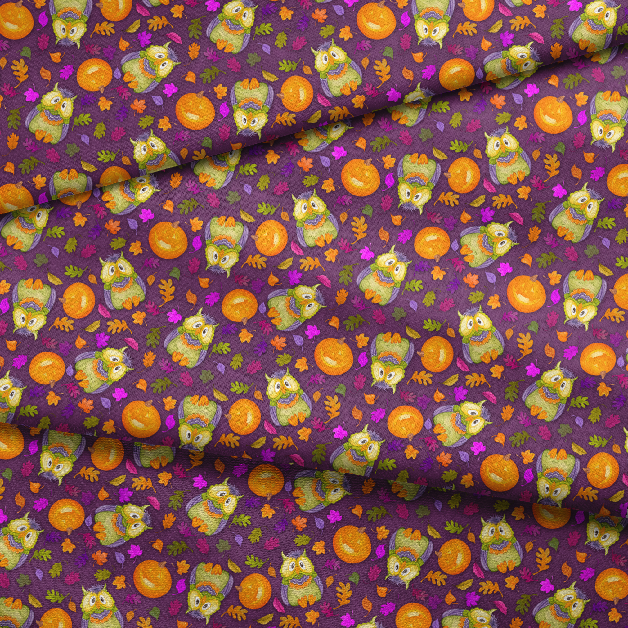 Halloween fabric by Nicole Tamarin featuring cartoon owls in costume, jack-o’-lanterns, and colorful fall leaves on a purple background. fabric fold mockup