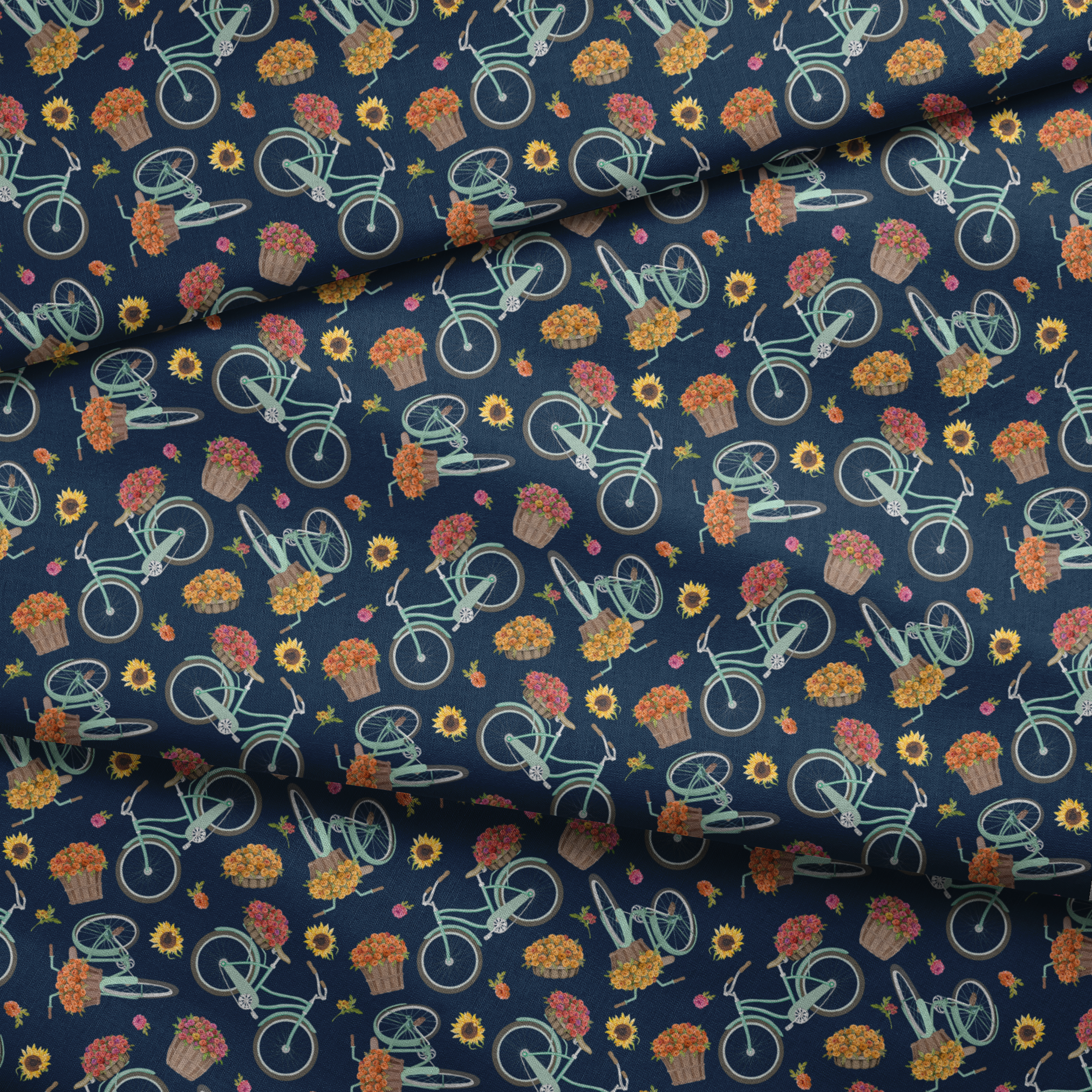 Teal vintage bikes with baskets of fall flowers on a navy background, inspired by cozy fall market scenes. fabric fold mockup