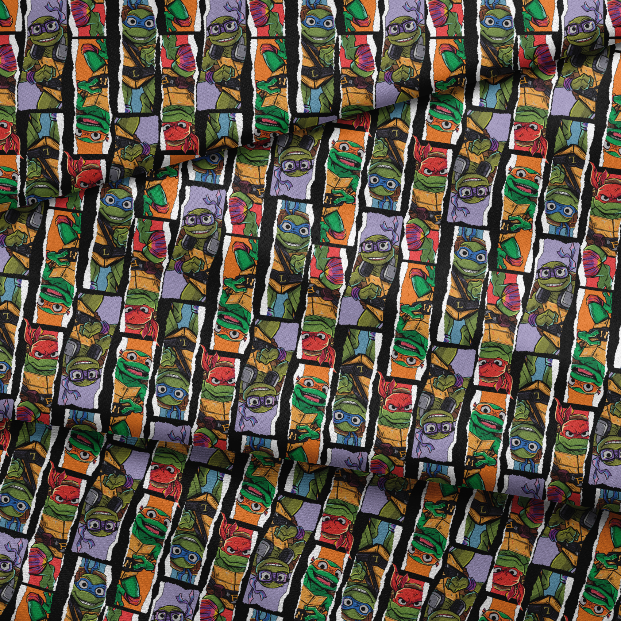 Teenage Mutant Ninja Turtles torn panel design with Leonardo, Donatello, Michelangelo, and Raphael in colorful comic-style art by Nickelodeon. fabric fold mockup