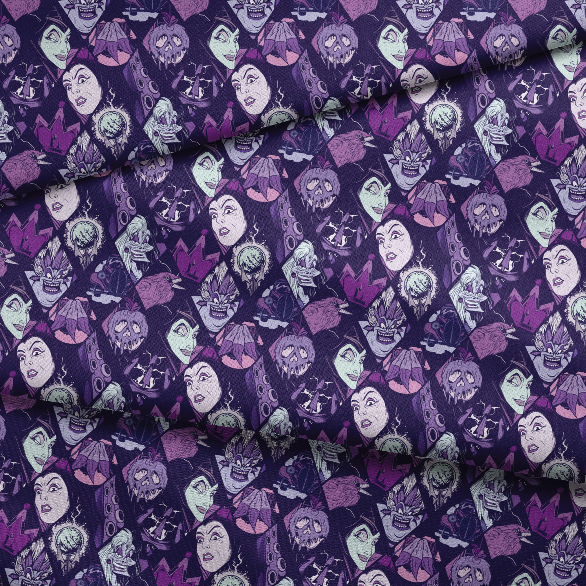 Stylized Disney villains in purple tones featuring evil queens, monsters, and creatures with sinister expressions. fabric fold mockup