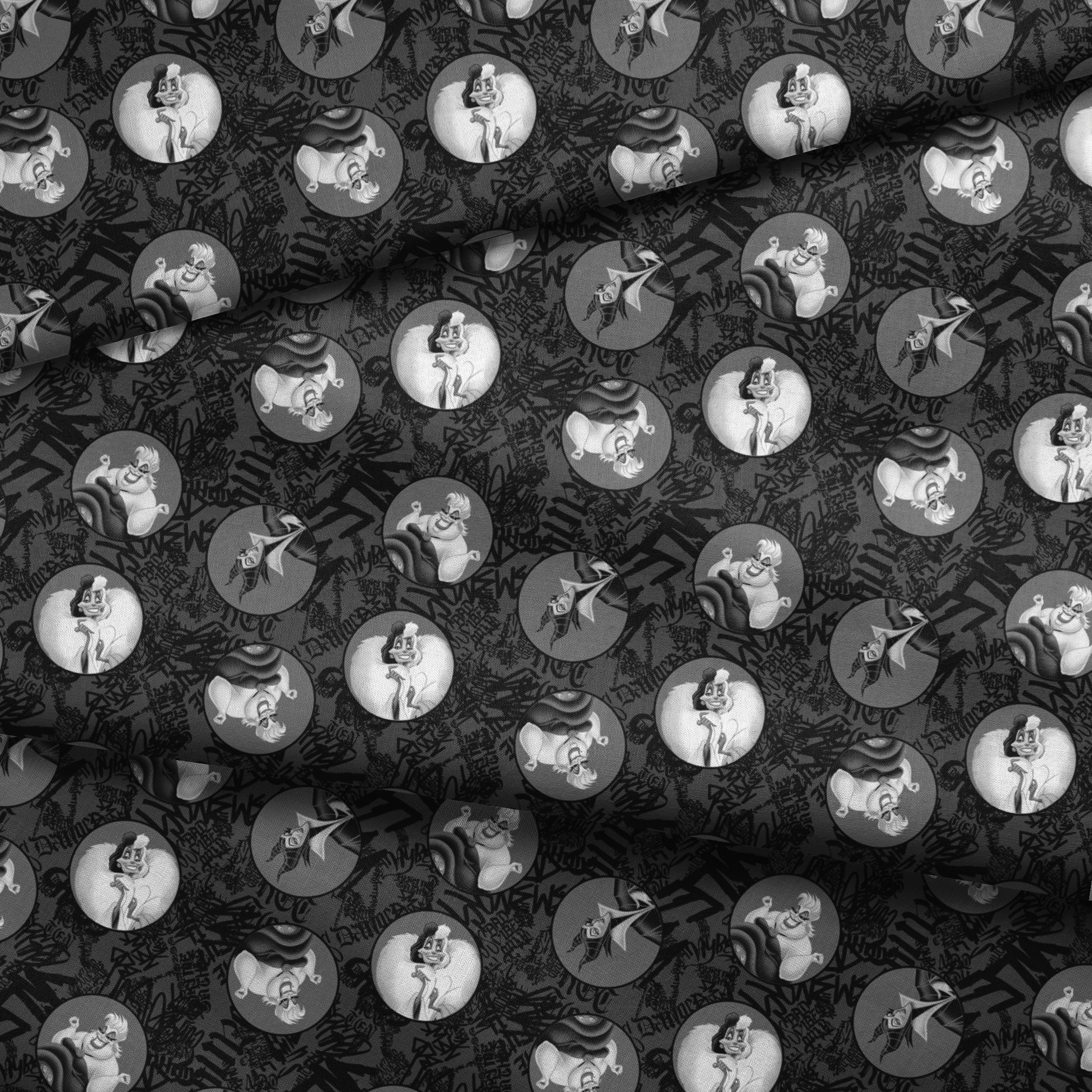 Cartoon character with tentacle-like hair in circular medallions on dark background with graffiti-style text fabric fold mockup